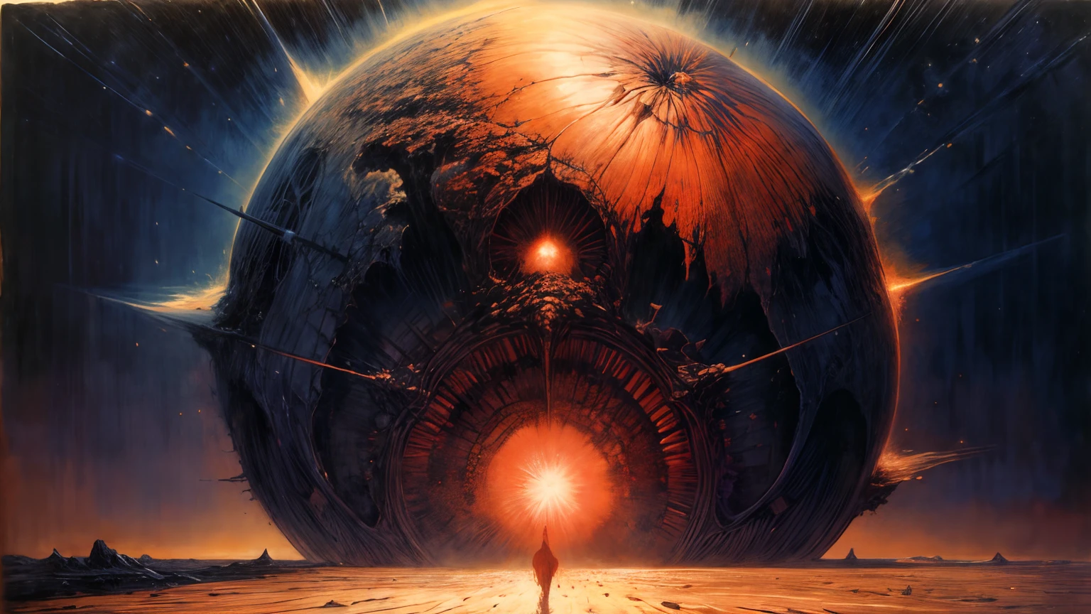 Panoramic, painted drawing of fall of a star, terrible feel, pain feel, collision, explosive collapse, deep color, rich beauty, natural splendor, romanticism, by Howard Pyle, by Beksinski