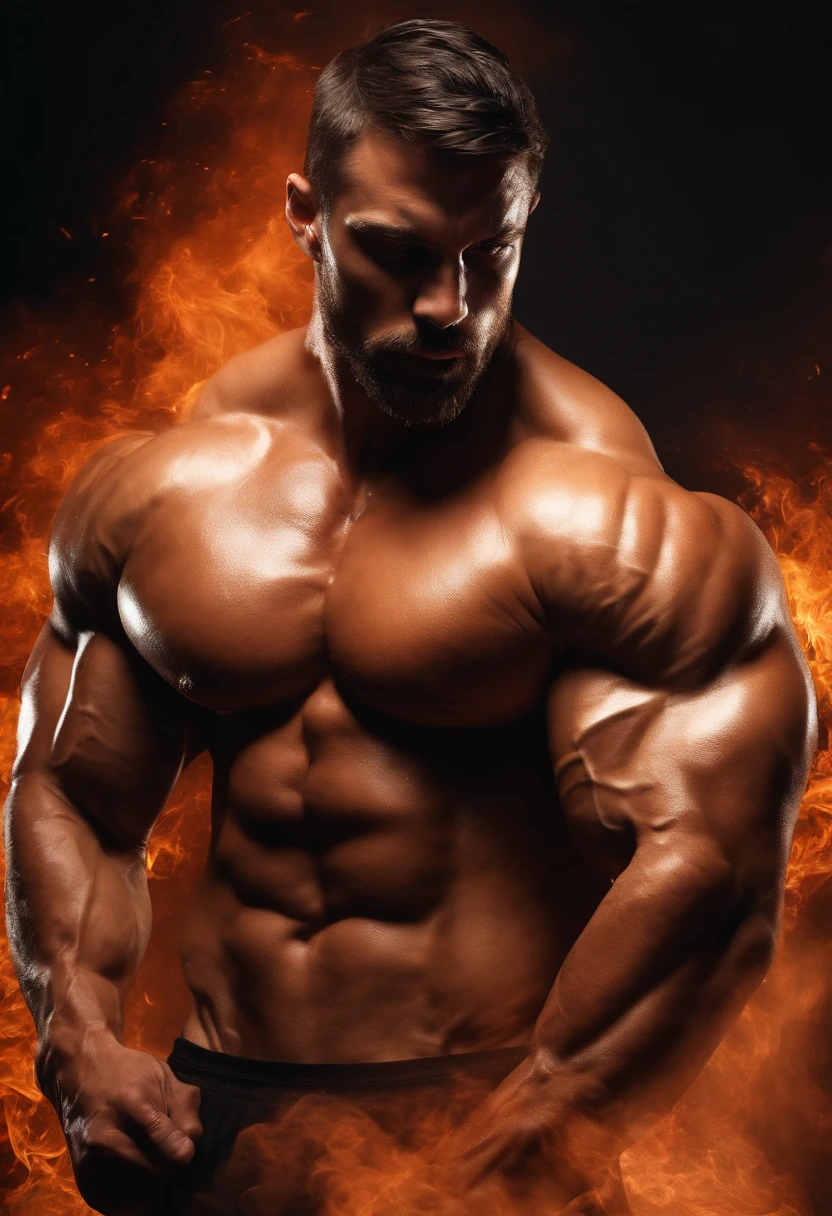 (best quality,realistic,highres),bodybuilder,short black hair and beard,dramatic and epic scene,chaotic environment,detailed muscles,veins popping out,shredded physique,beads of sweat,gritty and intense lighting,strong and powerful,striking pose,explosive energy,rippling muscles in motion,bulging biceps and triceps,tense facial expression,passionate and determined,extraordinary strength,heroic proportions,deep shadows and contrasts,monumental presence,vivid colors,dynamic composition,adrenaline rush,extreme detail description,rippling abs and chest,veins bulging,emphasis on muscle definition,perfectly chiseled physique,dominant and commanding,unstoppable force,imposing and awe-inspiring,heavy weights in the background,fire and smoke effects,endless energy and stamina,massive and sculpted legs.