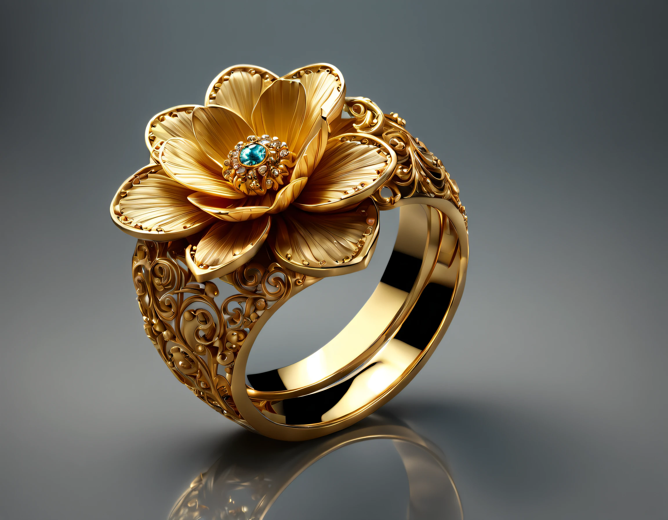 (best quality, 4k, 8k, high resolution, masterpiece: 1.2), ultra detailed, (realistic, photorealistic, photorealistic: 1.37) a golden metal ring with a beautiful carved flower, an authentic work of art, it is located on a reflective glass base, with exquisite lighting