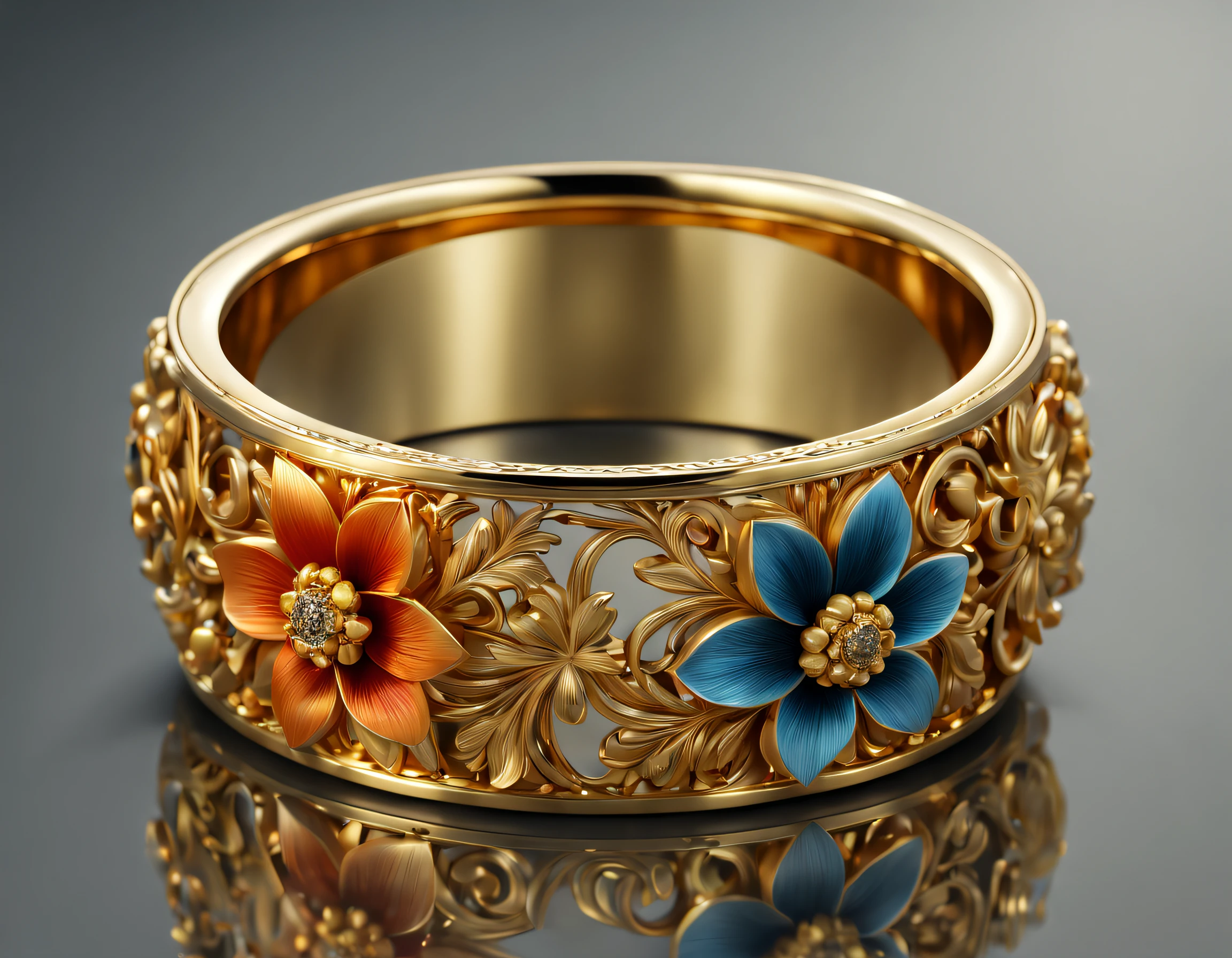 (best quality, 4k, 8k, high resolution, masterpiece: 1.2), ultra detailed, (realistic, photorealistic, photorealistic: 1.37) a golden metal ring with a beautiful carved flower, an authentic work of art, it is located on a reflective glass base, with exquisite lighting