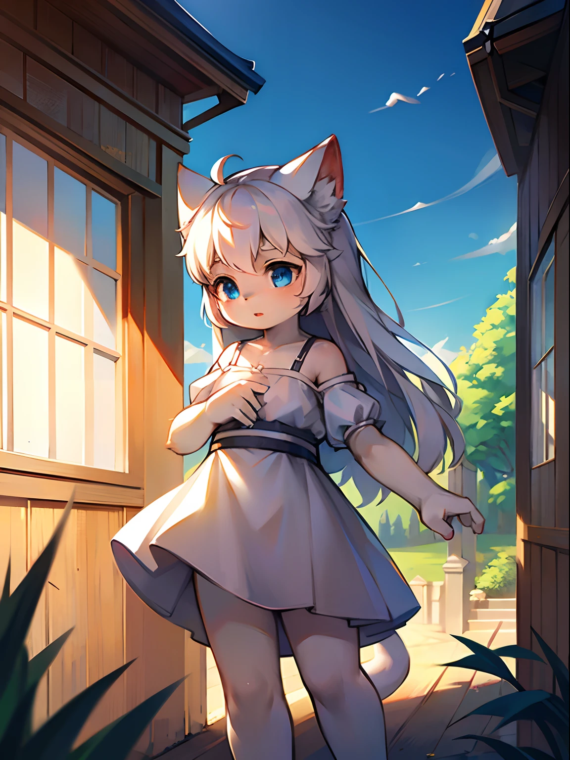 A white cat with blue eyes and a white tail, White Cat Girl, realistic anime cat, very beautiful cute catgirl, very very beautiful furry art, beautiful young catgirl, anthropomorphic female cat, anthro cat, anime cat, cat furry, White ( cat ) Girl, with white fluffy fur, an anthro cat, hyper realistic fur,long whitr hair,Small female breasts,brassier