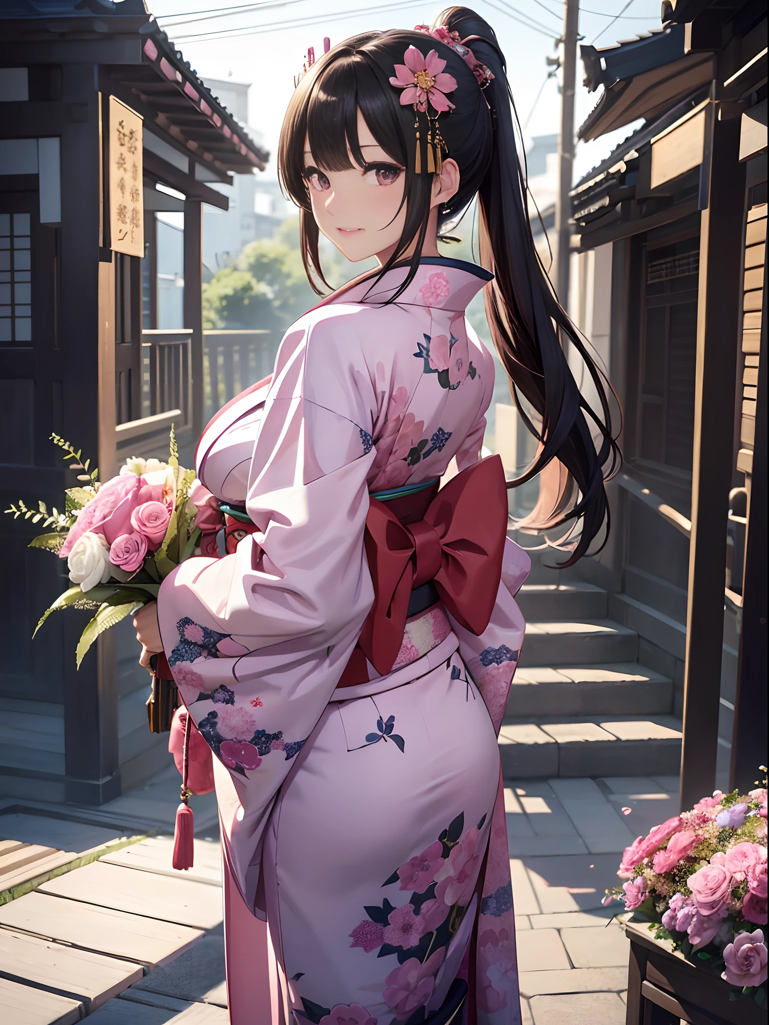 ((masterpiece1.5)),hyper quality, Hyper Detailed,Perfect drawing,1girl,((Bigger breasts)),kawaii ,With smiling eyes,(((Beautiful kimono))),(((Luxury kimono))). 3D,16K illustrations,((clearface)),Hi-Res,nice background、(((beatiful backgrounds)))、(((Detailed drawing)))、Perfect Beautiful Girl、(((Perfect Photo)))、kirakira、shiny、a gorgeous、high-class sense、A dark-haired、(((pink seduction background)))、(thin-waist)、top-quality、Red face、master piece,hyper quality, Hyper Detailed,Perfect drawing,3D,16K-Illustration、Hi-Res、1 persons、japanaese girl、A dark-haired、poneyTail、Red ribbons、Cute even though her eyes are tight、(((luxury
Kimono)))、(((hold a wrapped bouquet)))、Back view、Detailed drawing、Best Quality, Capture super cute moments, depth of fields, ultra-detailliert, High resolution, C4D, Octadale, 3D Modeling, Delicate and detailed depiction、Shooting from the back diagonally below、moonlights、superclear、Full of charm、masterpiece、high detailing、beatiful backgrounds、Detailed drawing、Functional、emotional,、Vivid