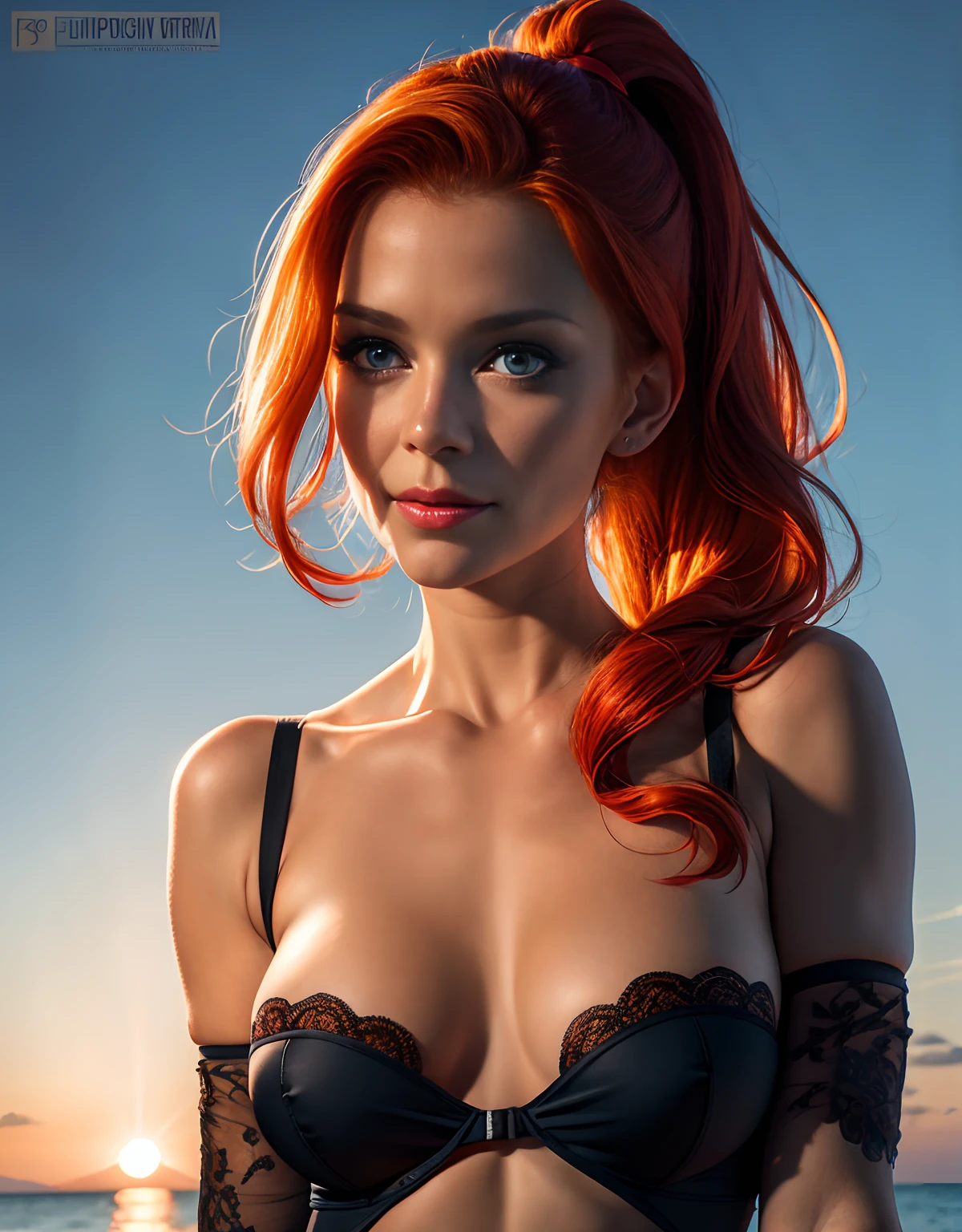 low angle photo of a gorgeous, 38 year old woman, blue eyes, milf, healthy skinny,short, clean skin texture, small, big lips, little noose, sexy, wearing, red lace dress and black corset, (red long hair in ponytail), redhead, ginger hair, insanely detailed eyes, little boops, tiny boops, small tits, small perky breasts(perky breasts), perky, skinny, 2/3 body crop, 8 mm art lens, f 1. 1, sharp focus, 8 k high definition, insanely detailed, photorealistic, big shoulder, little neck, long lash, full lips, big lower lip, pink lips, firm breast, firm pushup, push up, firm chest, posing outside in the sunset, fullbody image, full-body, whole body