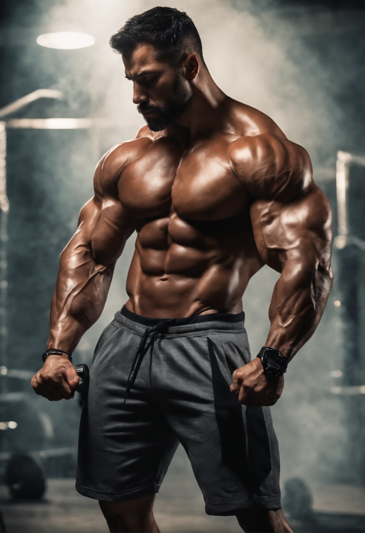 (best quality,realistic,highres),bodybuilder,short black hair and beard,dramatic and epic scene,chaotic environment,detailed muscles,veins popping out,shredded physique,beads of sweat,gritty and intense lighting,strong and powerful,striking pose,explosive energy,rippling muscles in motion,bulging biceps and triceps,tense facial expression,passionate and determined,extraordinary strength,heroic proportions,deep shadows and contrasts,monumental presence,vivid colors,dynamic composition,adrenaline rush,extreme detail description,rippling abs and chest,veins bulging,emphasis on muscle definition,perfectly chiseled physique,dominant and commanding,unstoppable force,imposing and awe-inspiring,heavy weights in the background,fire and smoke effects,endless energy and stamina,massive and sculpted legs.