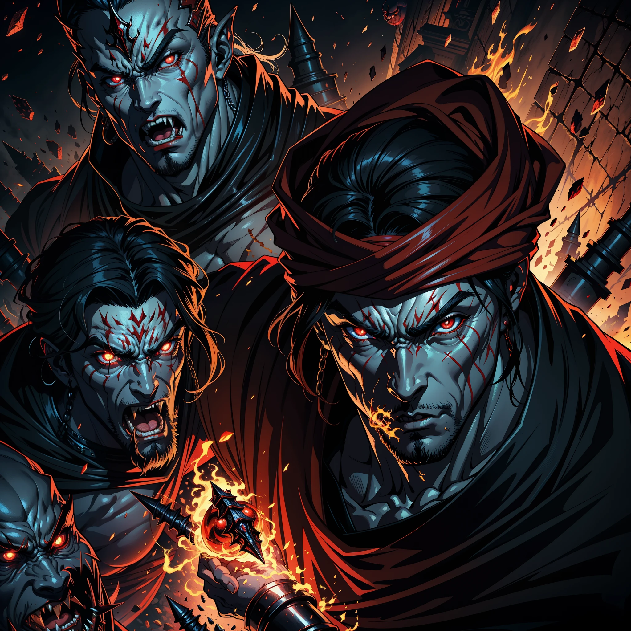 Castlevania Hyper Realistic Shadow Lord Super Detailed Dynamic Shot Master Piece of Lord Dracula Medieval Arab Warrior with Red Turban Scary Face Hokuto No Ken Structure Muscle Face Kenshiro Leading Troops Army of demons to fight Sharp details Cinematic Scenes Epic Movie Legendary Movie Hyper Realistic Portrait Zoom