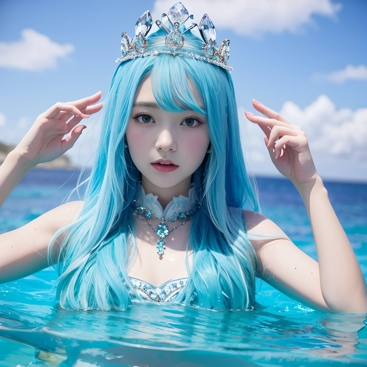 One girl wearing a crystal crown, Whale, tail, ocean, mugshot, gros-plan