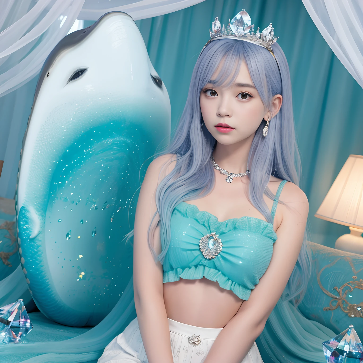 One girl wearing a crystal crown, Whale, tail, ocean, mugshot, gros-plan