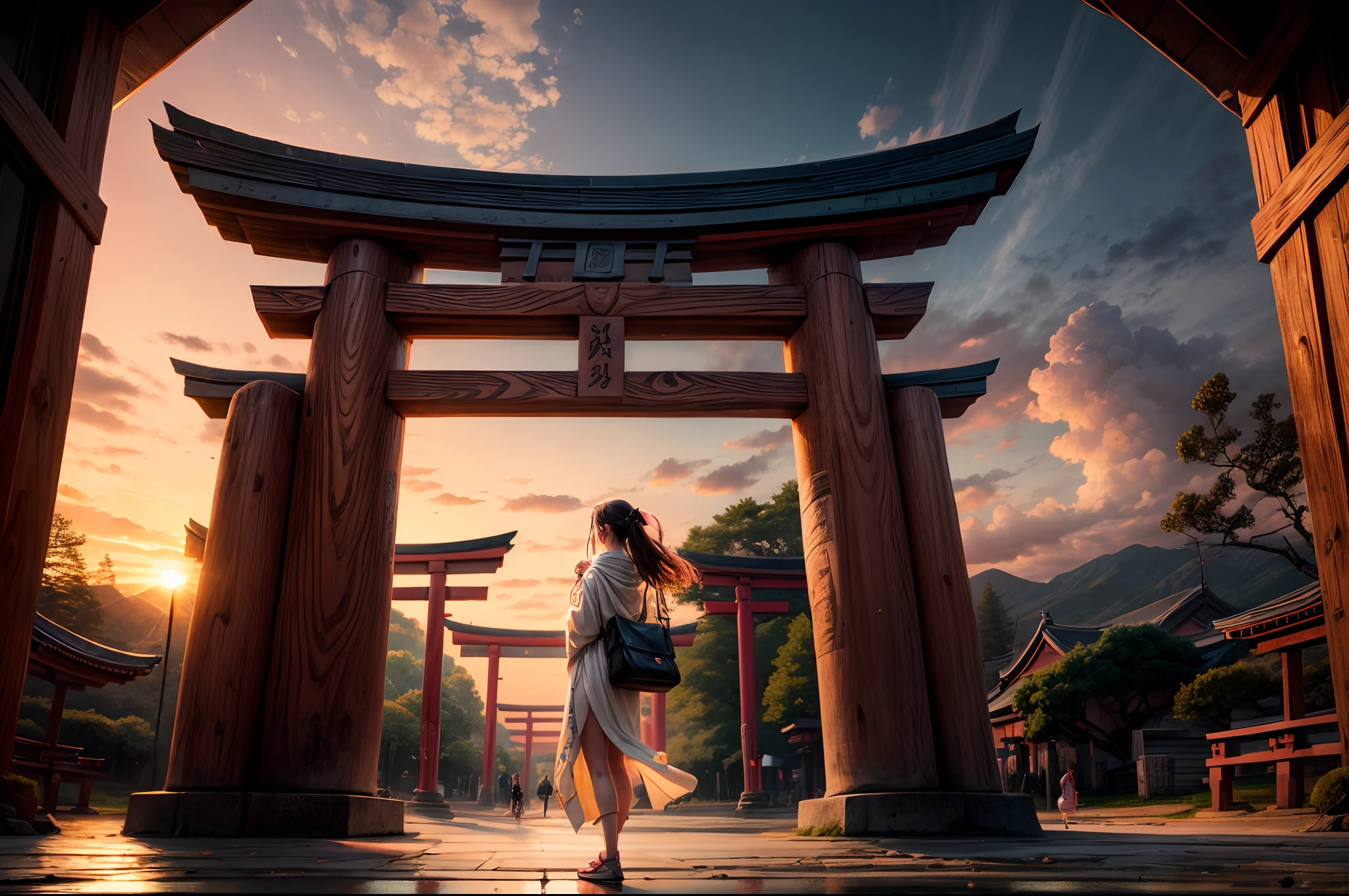 "An artistic representation of the serene Torii gate during sunset, accompanied by a Mikko girl, with an emphasis on intricate details. Vivid colors, masterpiece, tranquil and captivating."