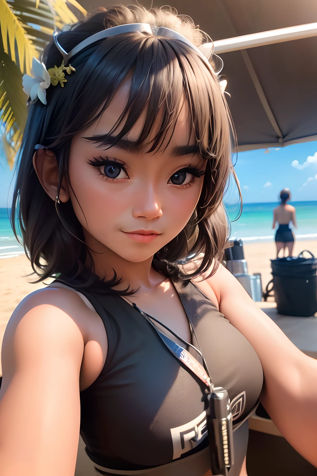 freya from JKT48, idol, indonesian girl, , black bikini, cute face, on the beach, close up, looking at camera, cinematic, sharp lense, professional photographie, 70mm lense, soft light, , 4k