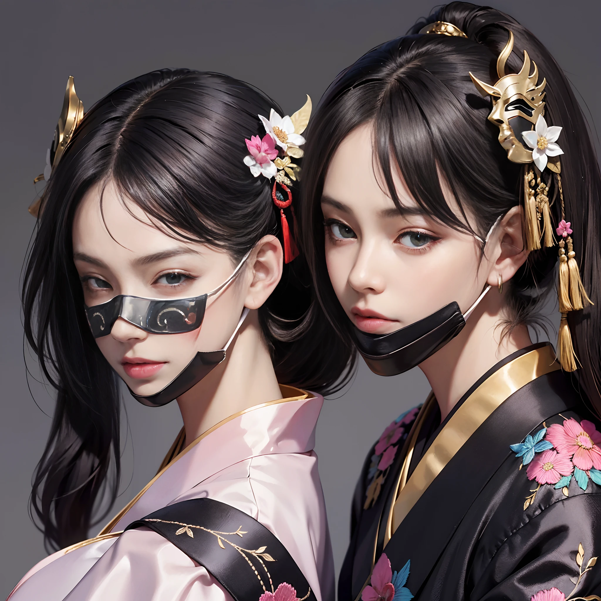 Background of details(palatial palace),elaborate costume(Luxury kimono(Colorful kimono(detailed embroidery))),BREAK 1 Beautiful and Classy Adult Woman(Japanese actressl:1.2)(glossy dark hair(poneyTail:1.2)),(Hide face with hands),(Half mask:1.5), Wallpapers 16K,Blur the background,(masutepiece:1.5), (Best Quality:1.5),(Portrait photos:1.5),full body Esbian