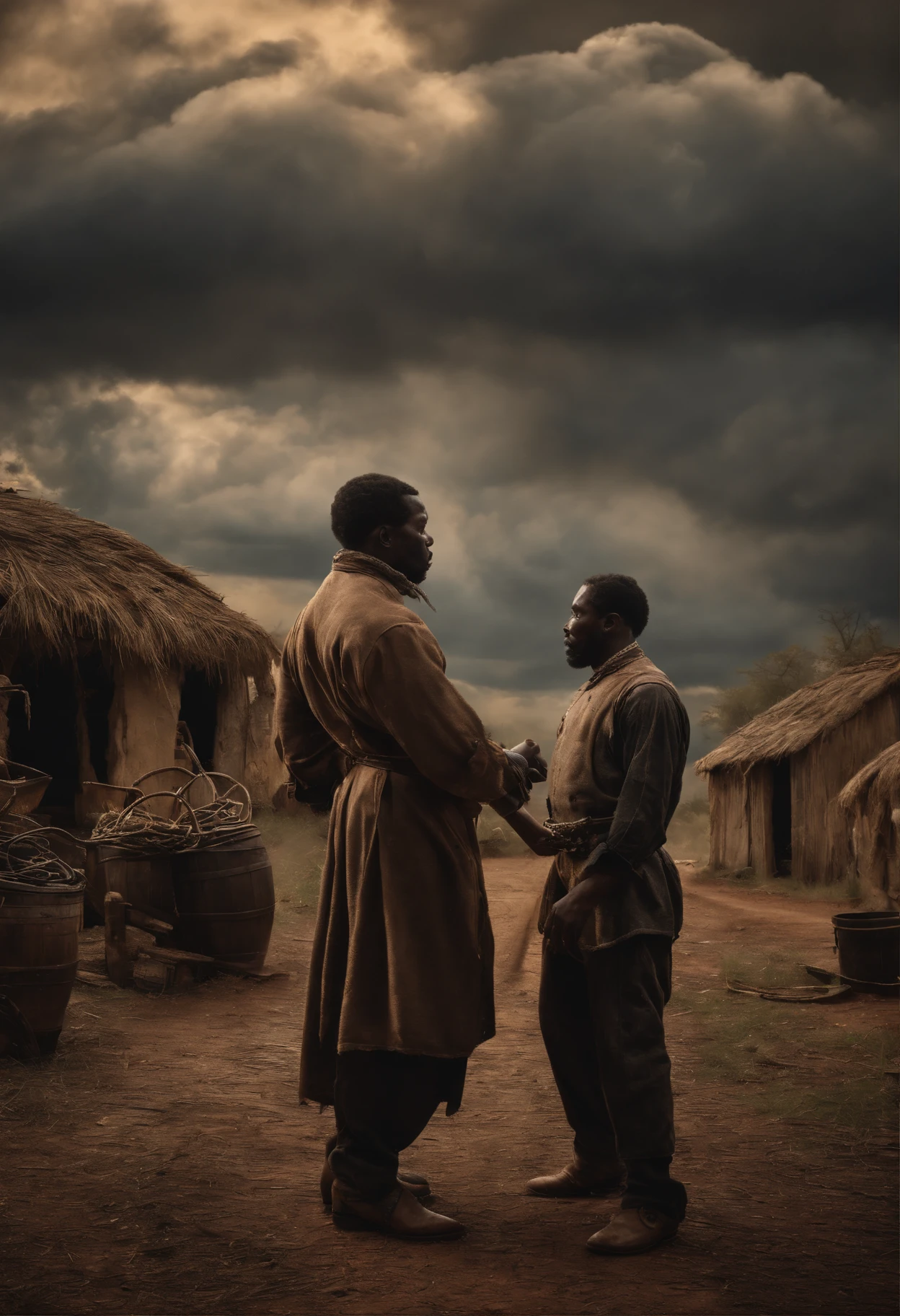((beste-Qualit)), ((chef-d&#39;work)), (detailded), 1800s, Black slave chained and whipped by another black man in a village, (ambiance macabre)(Cloudscape Detail : 1.3), (high resolucion : 1.2)