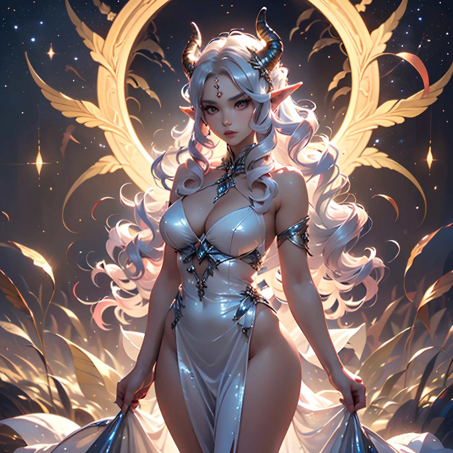 1 woman (elf, goddes of stars, goddes of dragons, albino, white wavy hairs, super long hairs, a lot of hairs, honey brown eyes, grey dress, silver dress, complex dress, long dress, dress cover shoulders, magic, power, serious, a pair of light pink straight horns, mature, curvy) standing, powerful, beautiful, silver details