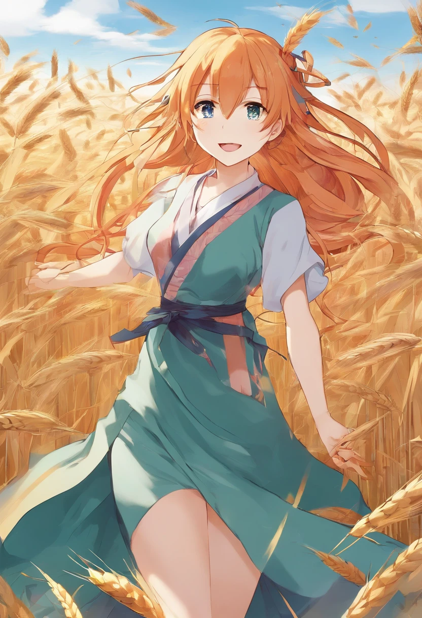 1 girl, Solo, Long orange hair, Running, (High wheat fields), Turning around, Emerald eyes, Long blue dress, Middle Ages, medieval clothing, Long-sleeved sunset, Light from behind, Shadows on characters, Smile, Laughter, (Blue sky), Against the background of wheat, Stand in the distance, looking at viewert, whole-length