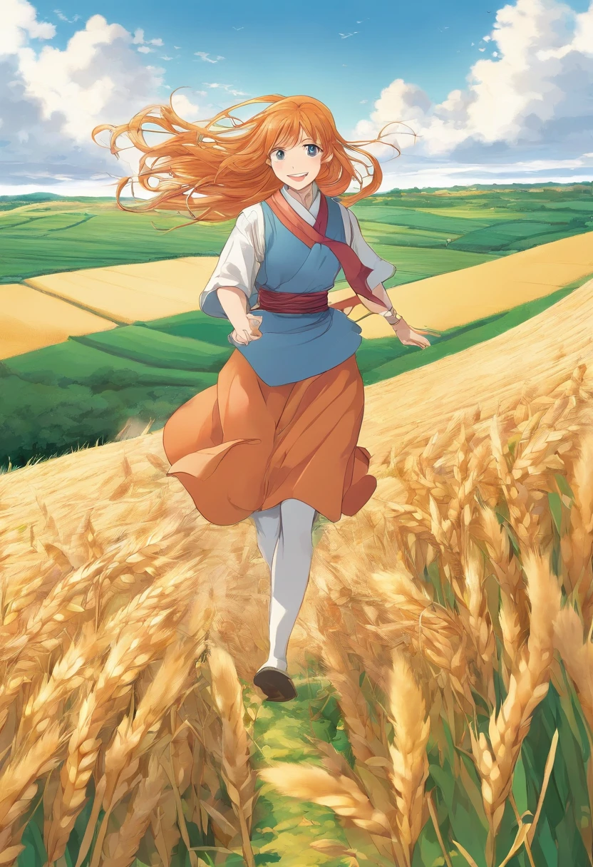 1 girl, Solo, Long orange hair, Running, (High wheat fields), Turning around, Emerald eyes, Long blue dress, Middle Ages, medieval clothing, Long-sleeved sunset, Light from behind, Shadows on characters, Smile, Laughter, (Blue sky), Against the background of wheat, Stand in the distance, looking at viewert, whole-length