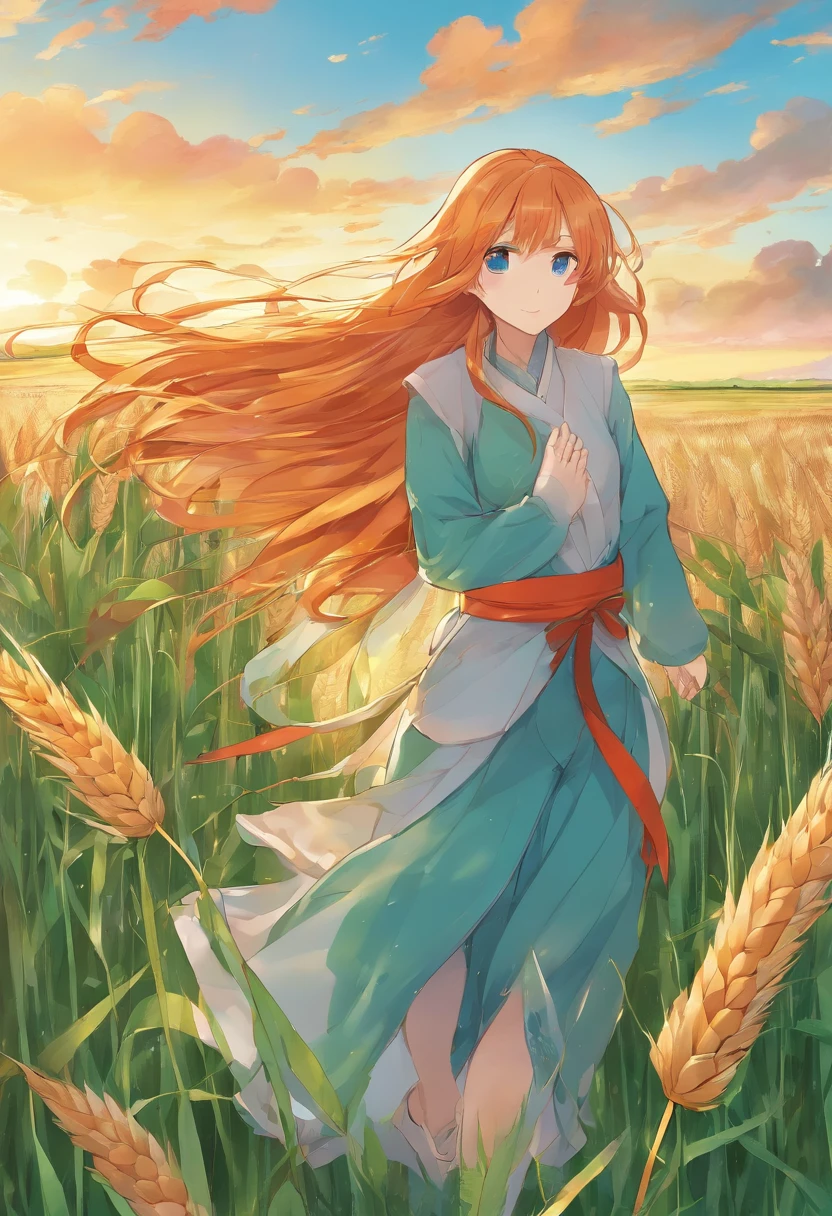 1 girl, Solo, Long orange hair, Running, (High wheat fields), Turning around, Emerald eyes, Long blue dress, Middle Ages, medieval clothing, Long-sleeved sunset, Light from behind, Shadows on characters, Smile, Laughter, (Blue sky), Against the background of wheat, Stand in the distance, looking at viewert, whole-length