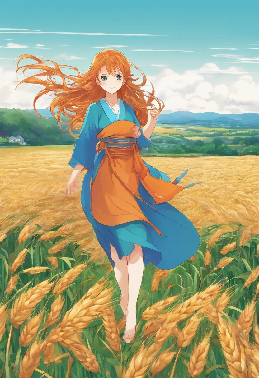 1 girl, Solo, Long orange hair, Running, (High wheat fields), Turning around, Emerald eyes, Long blue dress, Middle Ages, medieval clothing, Long-sleeved sunset, Light from behind, Shadows on characters, Smile, Laughter, (Blue sky), Against the background of wheat, Stand in the distance, looking at viewert, whole-length