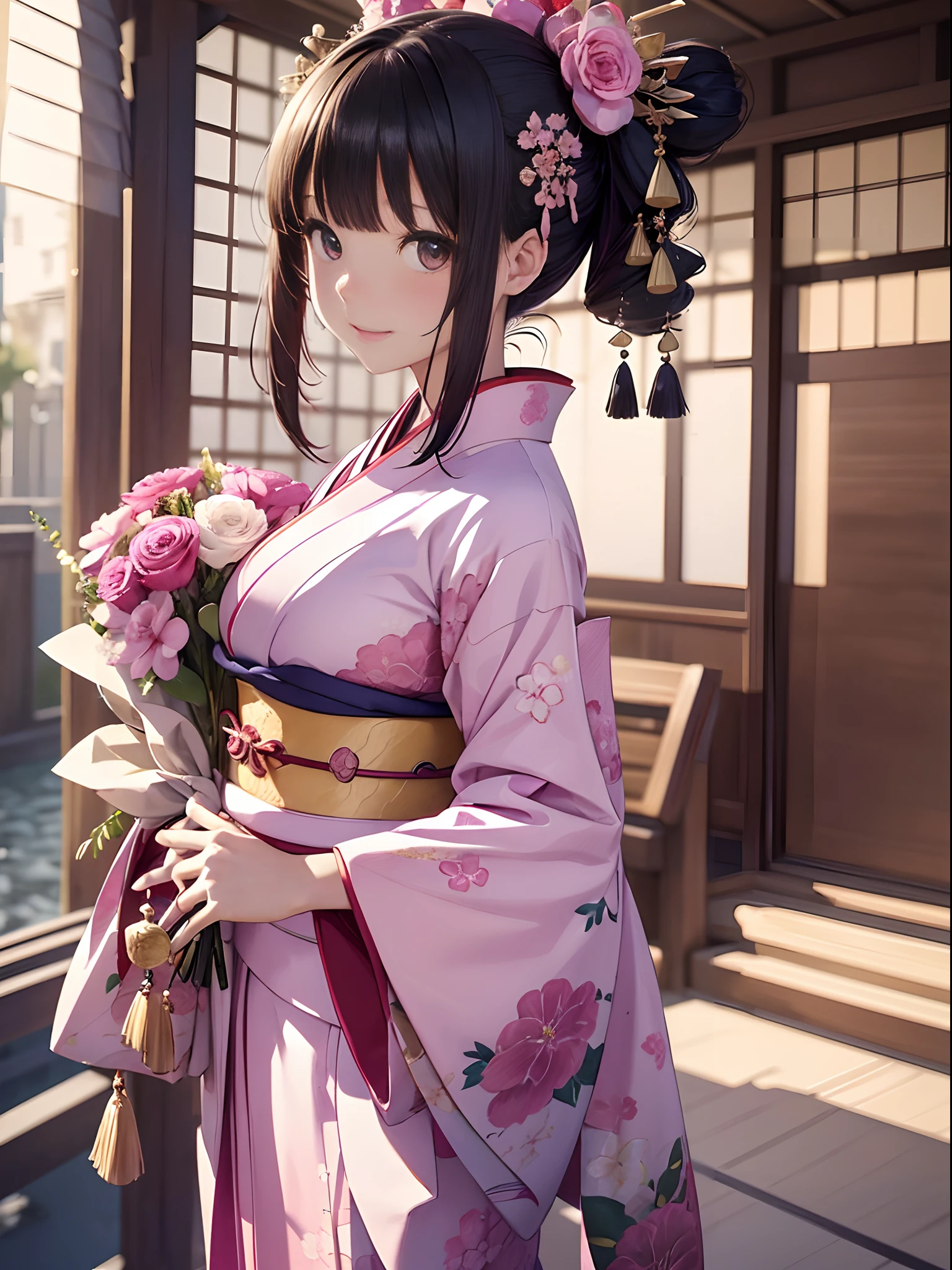 ((masterpiece1.5)),hyper quality, Hyper Detailed,Perfect drawing,1girl,((Bigger breasts)),kawaii ,With smiling eyes,(((Beautiful kimono))),(((Luxury kimono))). 3D,16K illustrations,((clearface)),Hi-Res,nice background、(((beatiful backgrounds)))、(((Detailed drawing)))、Perfect Beautiful Girl、(((Perfect Photo)))、kirakira、shiny、a gorgeous、high-class sense、A dark-haired、(((pink seduction background)))、(thin-waist)、top-quality、Red face、master piece,hyper quality, Hyper Detailed,Perfect drawing,3D,16K-Illustration、Hi-Res、1 persons、japanaese girl、A dark-haired、poneyTail、Red ribbons、Cute even though her eyes are tight、(((luxury
Kimono)))、(((hold a wrapped bouquet)))、Back view、Detailed drawing、Best Quality, Capture super cute moments, depth of fields, ultra-detailliert, High resolution, C4D, Octadale, 3D Modeling, Delicate and detailed depiction、Shooting from the back diagonally below、moonlights、superclear、Full of charm、masterpiece、high detailing、beatiful backgrounds、Detailed drawing、Functional、emotional,、Vivid