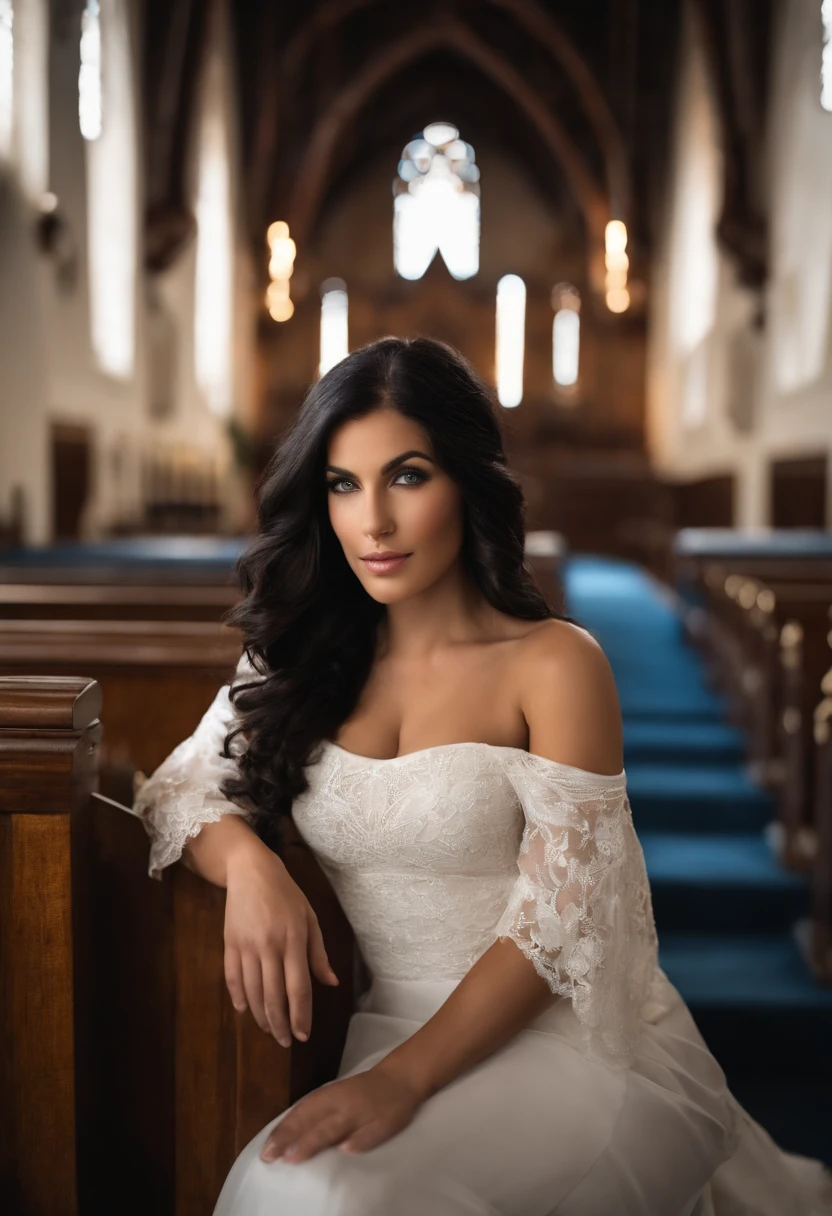 Female, about 20 years old.+ Naked sitting in church, big breasts, shiny white skin color, long black hair, blue eyes, shy, sitting with legs open. Put your finger in your genitals. There was white water on his face, and a man was standing next to him taking off his pants while holding his chest.
