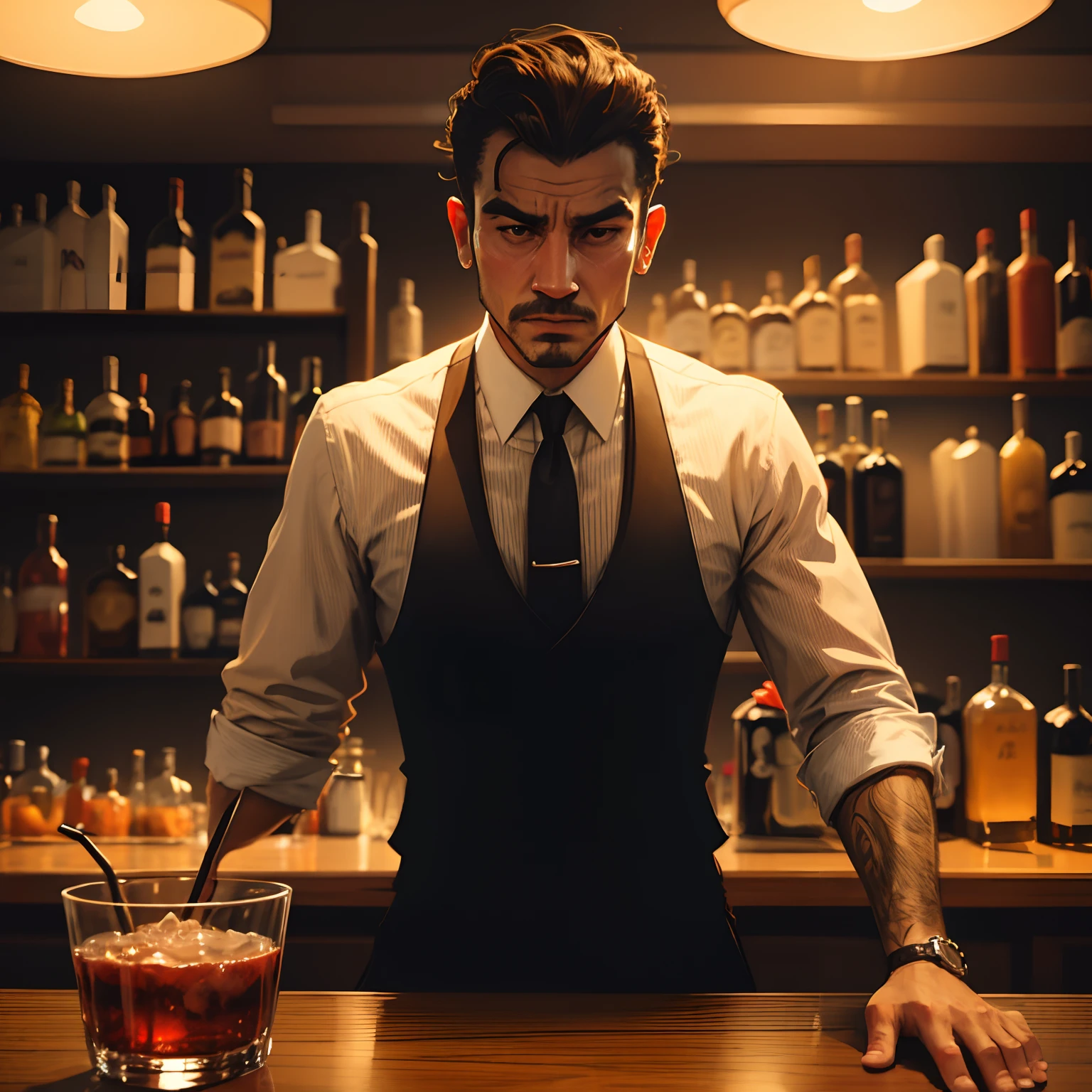 (masterpiece, best quality, very detailed, bright colors, saturation), mature man, in a modern apartment, on a chair, sad face, despondency, sadness, phone on the table, suffering, twilight, noir, empty whiskey bottles, alcohol, a revolver put to his head, suicide