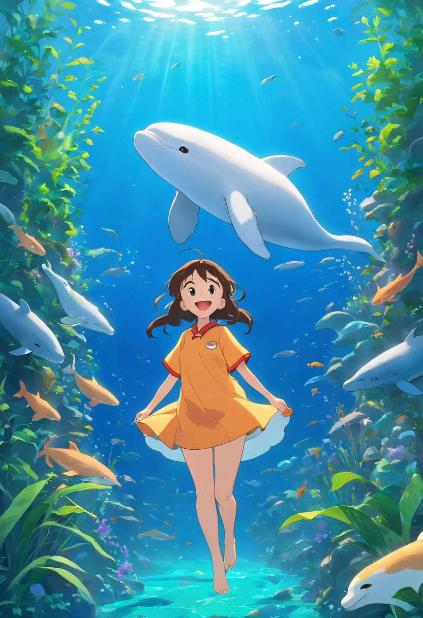 Shinchan, Smiling beluga whale on blue background，Green aquatic plants，Best Masterpiece，ultra intricately detailed，超A high resolution，fish flocks