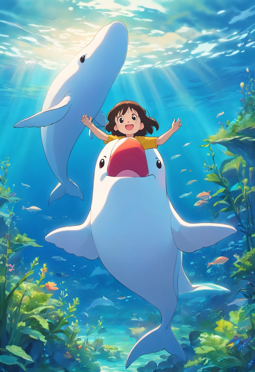 Shinchan, Smiling beluga whale on blue background，Green aquatic plants，Best Masterpiece，ultra intricately detailed，超A high resolution，fish flocks
