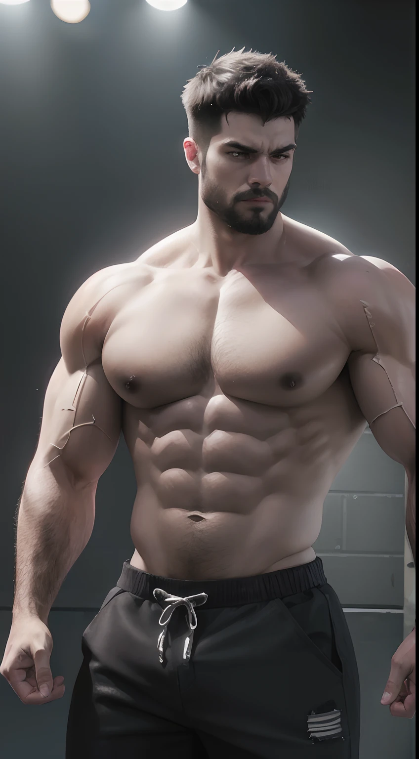 (best quality,4k,8k,highres,masterpiece:1.2),ultra-detailed,(realistic,photorealistic,photo-realistic:1.37),bodybuilder,short black hair and beard,chaotic scene,dramatic,epic,hyper-realistic,textured muscles,sweating,dynamically posed,bodybuilding competition,admiring spectators,intense atmosphere,dramatic lighting,bright highlights and deep shadows,dark and moody background,intense facial expression,torn and dirty clothing,veins popping out,rippling muscles,shine and gloss,on stage,on a podium,impressive physique,displaying strength and power,muscle definition,rippling six-pack abs,straining muscles,forceful movements,striking poses,muscle flexing,ripped physique,bulging biceps,massive shoulders,competitive spirit,dedication,determination,perseverance.