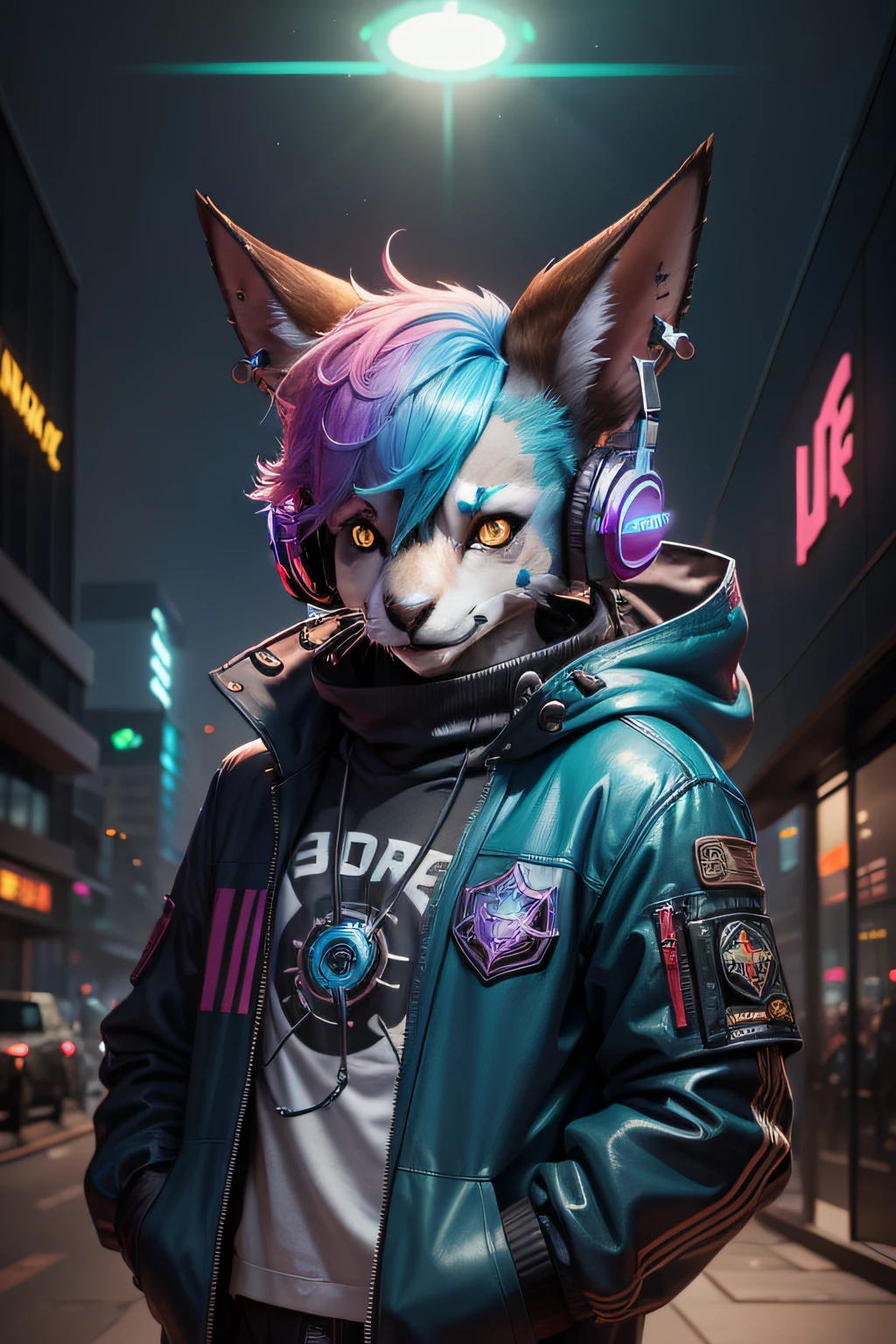 close-up of a goat wearing headphones and a jacket with rainbow hair, People's Engineer Cyberpunk Mouse, A cyborg, Jackalope, ciberpunk, Beeple Hybrid Mix Style, beeple and jeremiah ketner, wojtek fus, WeirDcore VoiDPunk Fursona, Cosmic Tiefling D&D, Starfinder Style, an anthropomorphic cyberpunk fox, Starfinder Character