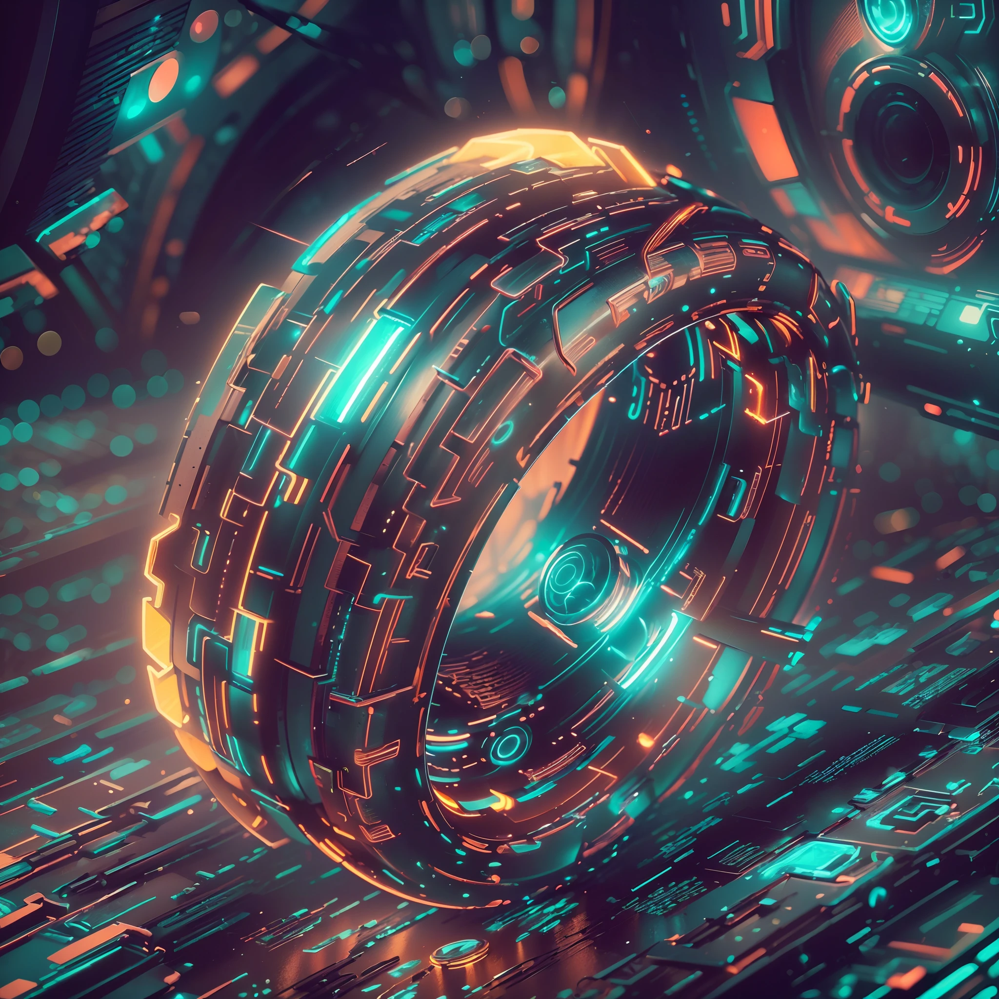 (best quality, ultra-detailed, realistic:1.37), HDR, a metal wedding ring,sci-fi, digital illustration, abstract, metallic texture, glowing neon lights, intricate geometric patterns, vibrant colors, dynamic composition, high contrast, futuristic lighting effects, sharp focus, depth of field, masterfully rendered details, hypnotizing visual experience