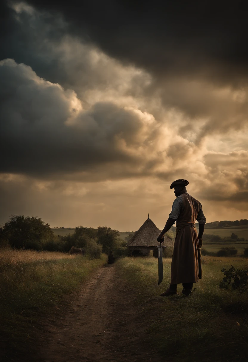 ((beste-Qualit)), ((chef-d'work)), (detailded), 1800s, Black slave chained and about to be stabbed with a 30cm long knife by another black man (Period clothing) (dans un village) (ambiance macabre)(Detail of Cloudscape : 1.3), (high resolucion : 1.2)