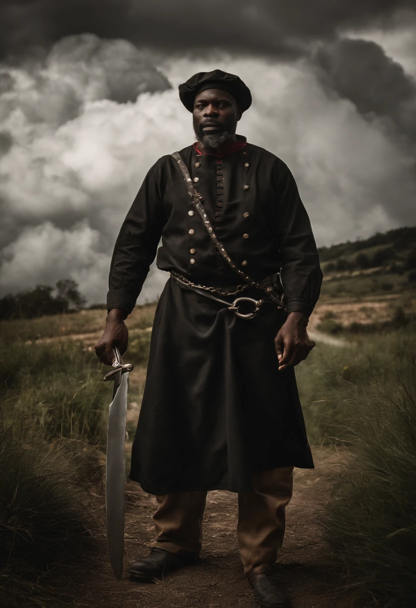 ((beste-Qualit)), ((chef-d'work)), (detailded), 1800s, Black slave chained and about to be stabbed with a 30cm long knife by another black man (Period clothing) (dans un village) (ambiance macabre)(Detail of Cloudscape : 1.3), (high resolucion : 1.2)