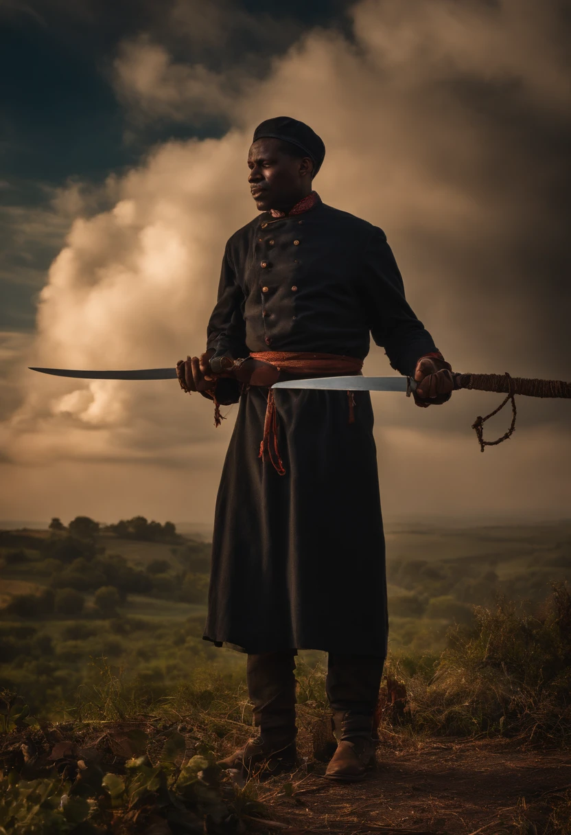 ((beste-Qualit)), ((chef-d'work)), (detailded), 1800s, Black slave chained and about to be stabbed with a 30cm long knife by another black man (Period clothing) (dans un village) (ambiance macabre)(Detail of Cloudscape : 1.3), (high resolucion : 1.2)