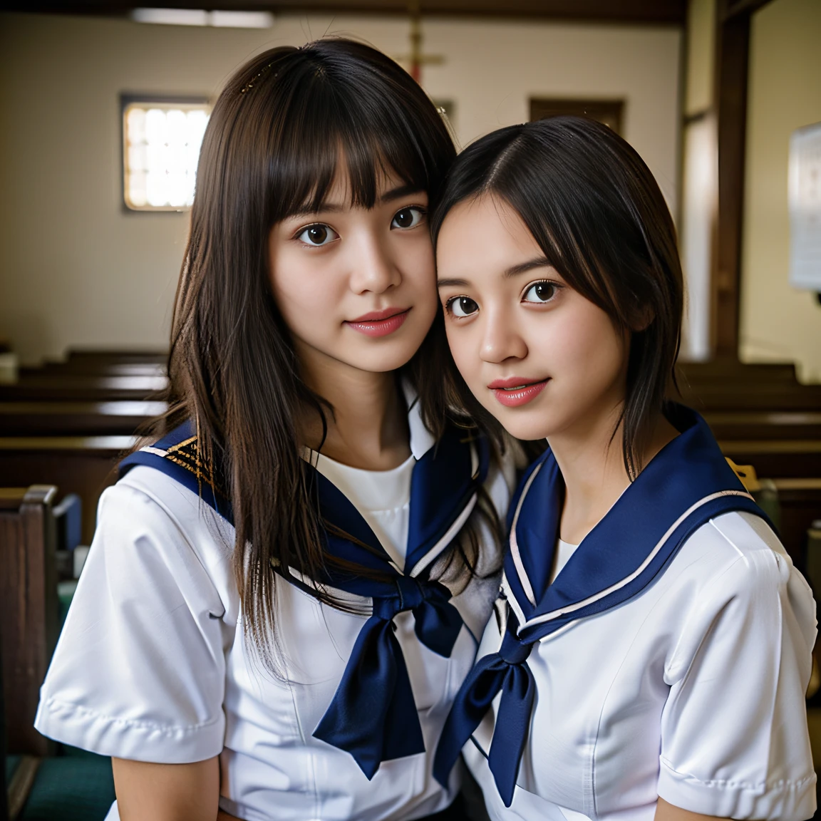 ((Two schoolgirls:1.5))、Beautiful 18 year old Japan woman, ((Two high school girls in short-sleeved white sailor suits: 1.5)), (Japan strict girls' school sailor uniform:1.5), ( Two schoolgirls sitting in a church pews:1.2), ((Beautiful and elaborate stained glass on the background: 1.5)), ((1screen)), 8K, RAW shot, top quality photo, ​masterpiece, Amazing realism photos, ((Anatomically correct proportions: 1.5)), ((perfectly proportions)), Cute woman like an idol in Japan, Detailed face, Detailed eyes, Narrow Nose, Detailed hands and fingers , detailed arms, Detailed skin, Detailed legs, short torso, Slender body, (shiny long hair: 1.5), ((Big breasts that seem to break through the uniform: 1.5)), (Body-fitting sailor suit:1.5)、(High school girls staring at each other:1.5)、(Schoolgirl with long and short hair:1.5)、((Hugging and kissing:1.2))