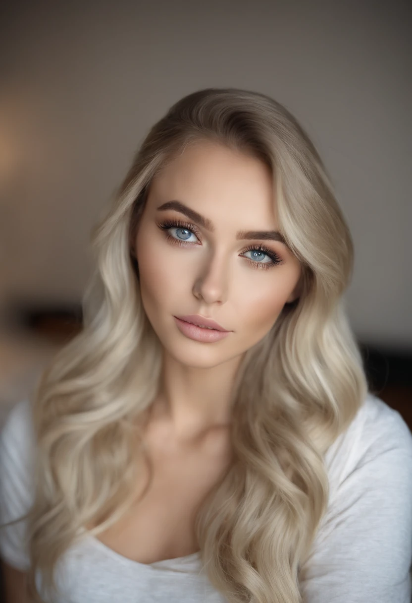 A woman in a matching T-shirt and panties, Sexy girl with blue eyes, portrait sophie mudd, Portrait of Corinna Kopf, blonde hair and large eyes, selfie of a young woman, Eyes in the bedroom, violet myers, without Макияж, natural makeup, looking straight at camera, face with artgram, dezentes Make-up, Stunning full-length shot, in bedroom, cleavage