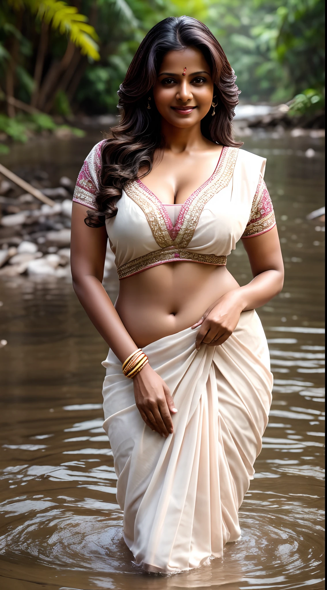Indian middle age woman, outdoor, in river, brown tone skin colour, sexy hips, attractive looks, cute cleavage, gorgeous smile, curvy figure, middle age beautiful woman, pink tight blouse, white loose saree, smooth lighting, few sunrays on sexy body, like a dslr photo, realistic, realism, masterpiece