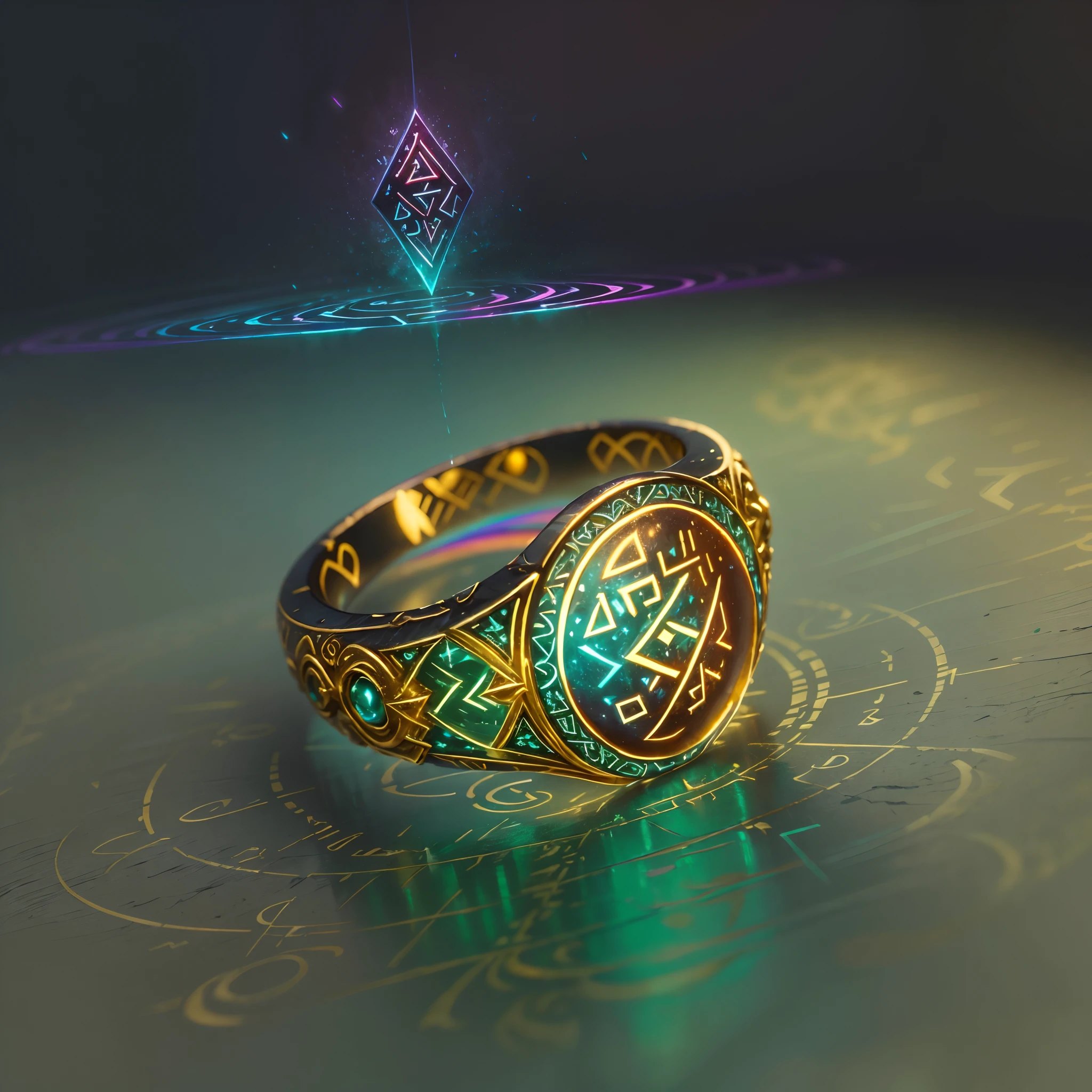 (best quality,4k,highres), front view, glowing rune AI,round golden ring with a fantasy magical vibe,elegant with intricate glowing runic lines,shiny and eye-catching,runic ring with a small, sparkling rainbow-colored diamond on top,together creating a harmonious and enchanting design,unveiling mysteries and wonder through its radiant and delicate presence,vivid colors enhancing its allure,subtle lighting accentuating its beauty.