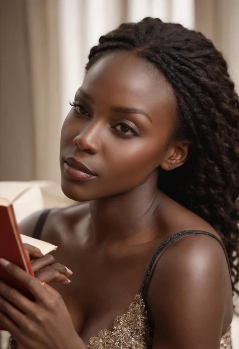 ((Dark African skin, Very deep ebony skin)),A beautiful African woman in elegant fashion posed seductively , with her book placed in front of her, Regarder le livre avec confiance. The image is meticulously rendered in stunning high definition, capture every detail with realistic realism Lost to the rhythm of the waves and the world of words. Demain, The story unfolds, cheveuxdreads loks.
