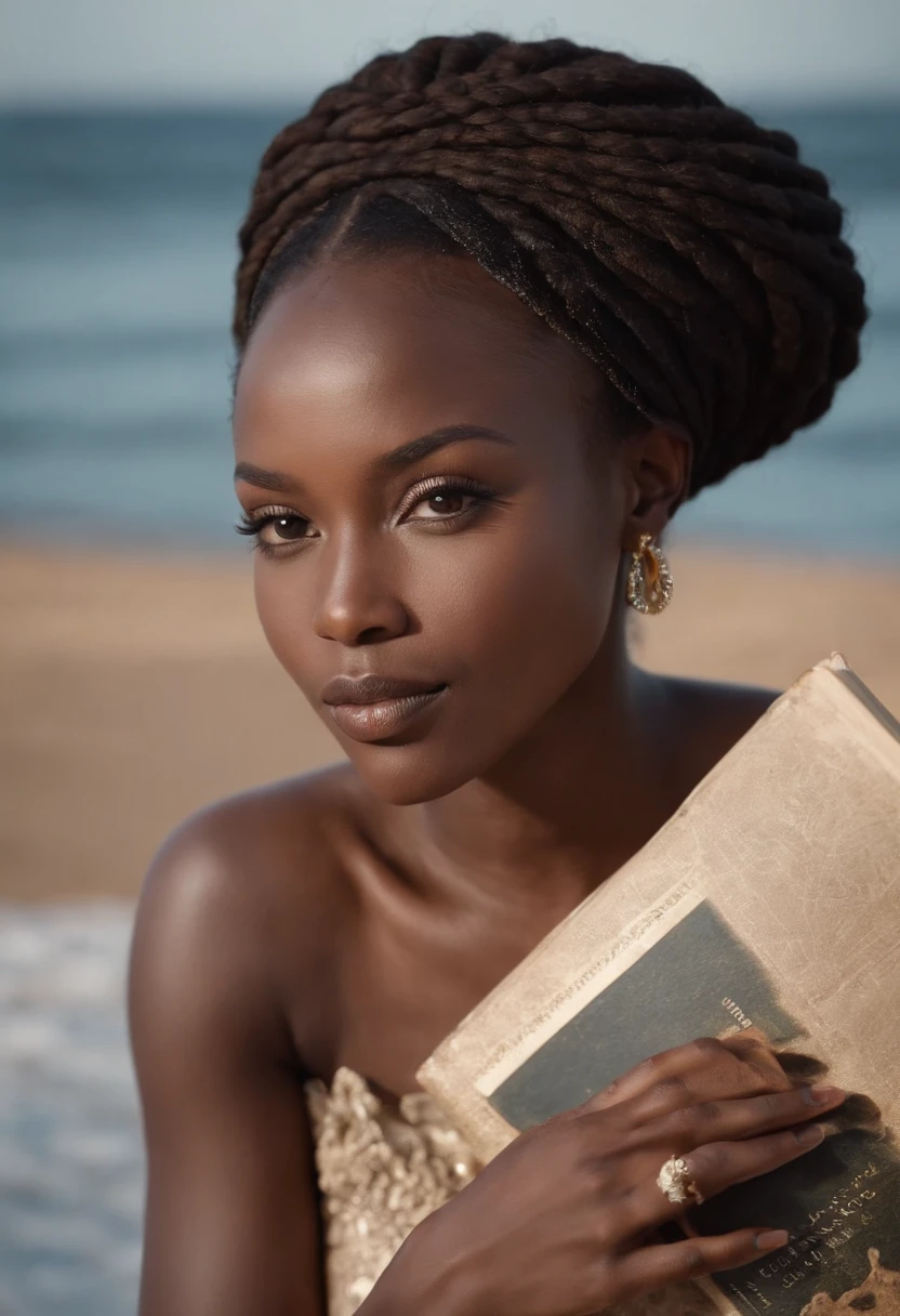 ((Dark African skin, Very deep ebony skin)),A beautiful African woman in elegant fashion posed seductively , with her book placed in front of her, Regarder le livre avec confiance. The image is meticulously rendered in stunning high definition, capture every detail with realistic realism Lost to the rhythm of the waves and the world of words. Demain, The story unfolds, cheveuxdreads loks.