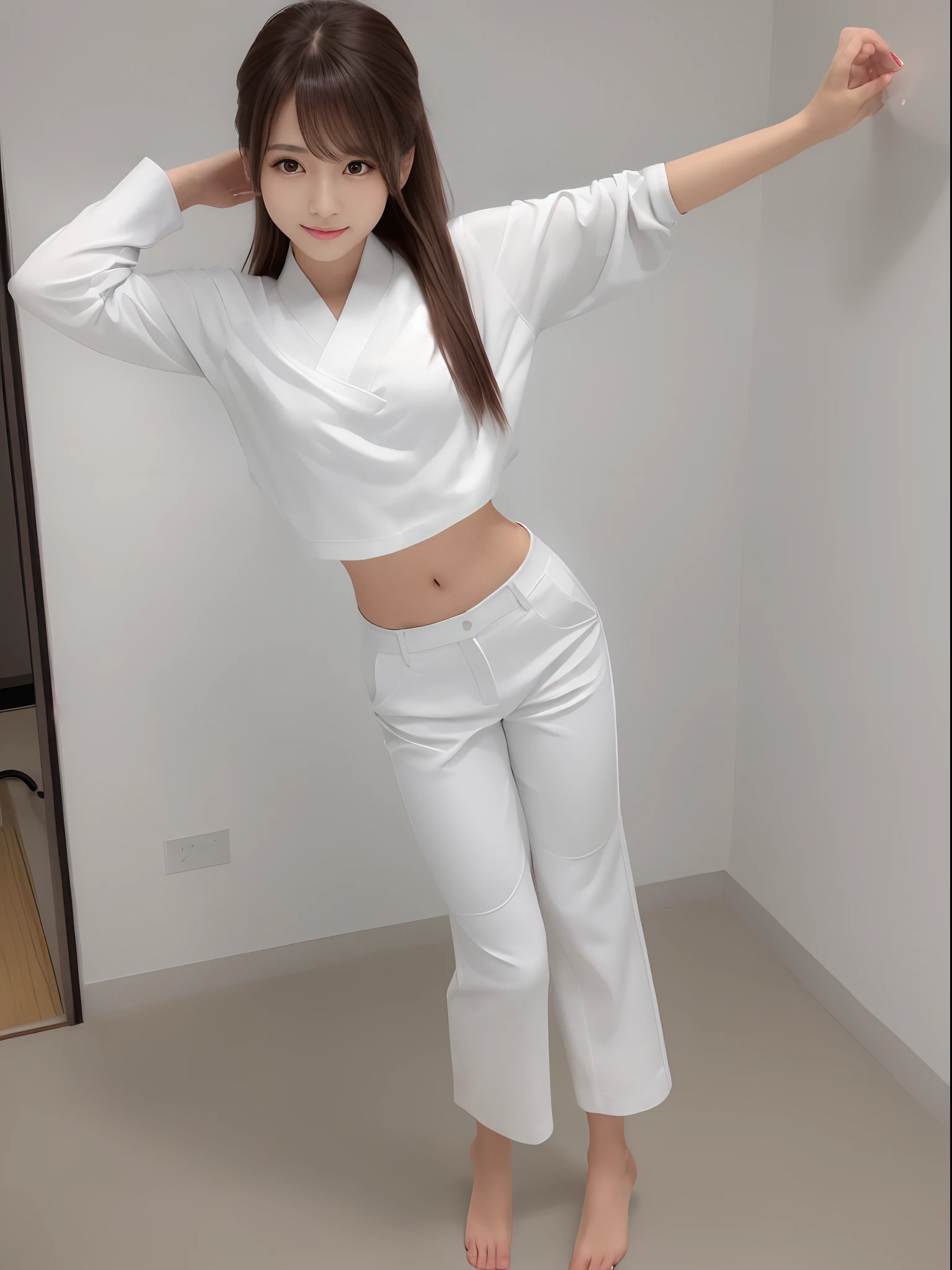 (Photorealsitic)(), Perfectly beautiful woman, (Full body 8K portrait), Large and dynamic hand and foot movements, White Karate Uniform, White karate pants, Large bust,Stand alone, Large and dynamic hand and foot movements, Make a high side kick, Correct skeleton, Perfect facial detail, (Smile: 1.15), attractive beautiful face, gazing at viewer, a small face, 二重まぶた, Beautiful detailed eyes, long eyeslashes, ligh brown hair, poneyTail, Toned waist, Beautiful thin legs, toned ankles, bare-legged ,TOKYOcty