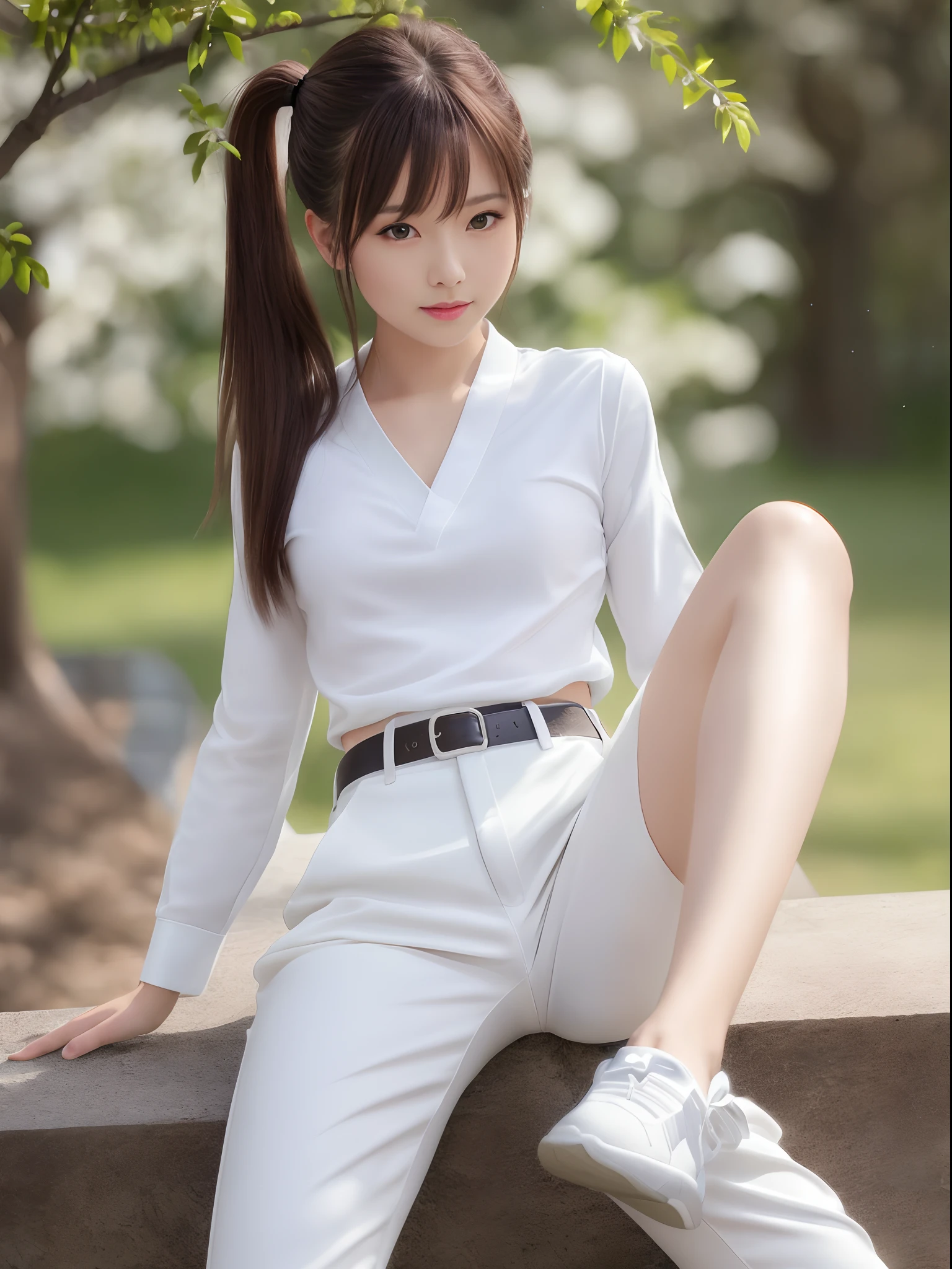 (Photorealsitic)(), Perfectly beautiful woman, (Full body 8K portrait), Large and dynamic hand and foot movements, White Karate Uniform, White karate pants, Large bust,Stand alone, Large and dynamic hand and foot movements, Make a high side kick, Correct skeleton, Perfect facial detail, (Smile: 1.15), attractive beautiful face, gazing at viewer, a small face, 二重まぶた, Beautiful detailed eyes, long eyeslashes, ligh brown hair, poneyTail, Toned waist, Beautiful thin legs, toned ankles, bare-legged ,TOKYOcty