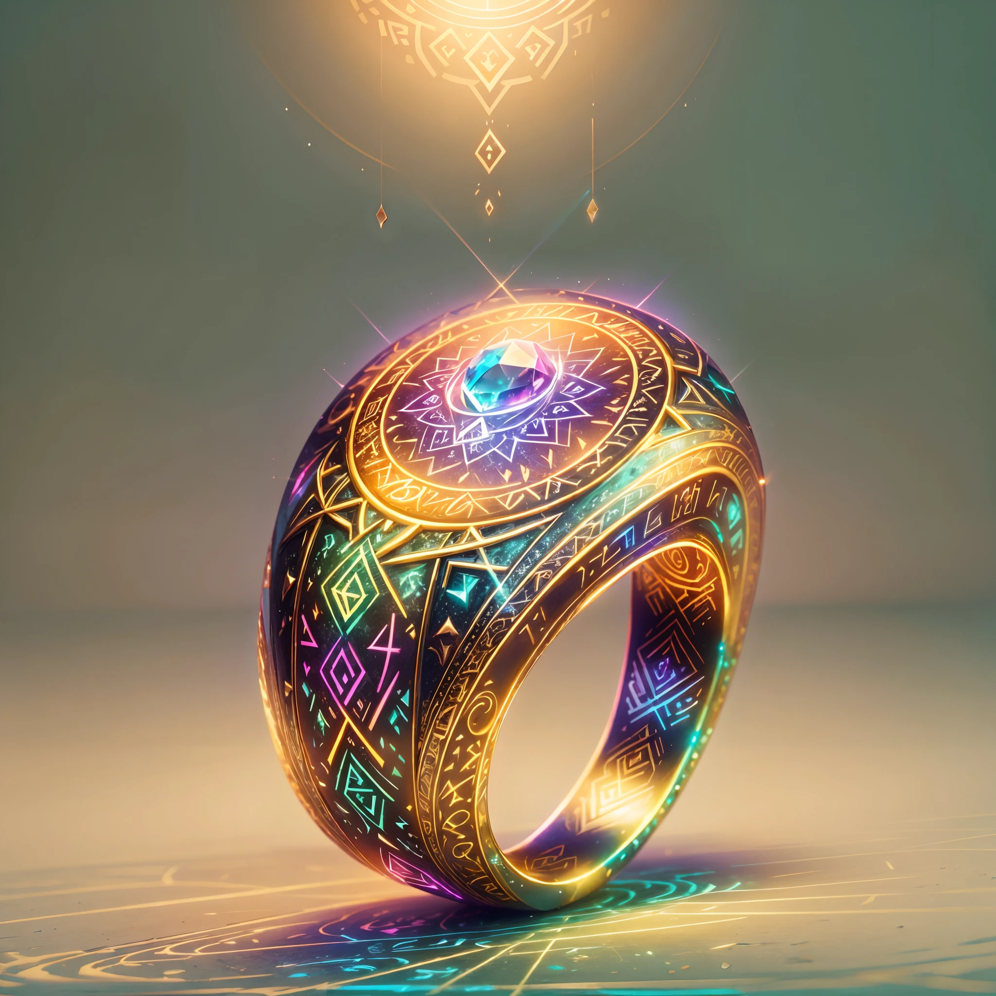 (best quality,4k,highres), front view, glowing rune AI,round golden ring with a fantasy magical vibe,elegant with intricate glowing runic lines,shiny and eye-catching,runic ring with a small, sparkling rainbow-colored diamond on top,together creating a harmonious and enchanting design,unveiling mysteries and wonder through its radiant and delicate presence,vivid colors enhancing its allure,subtle lighting accentuating its beauty.
