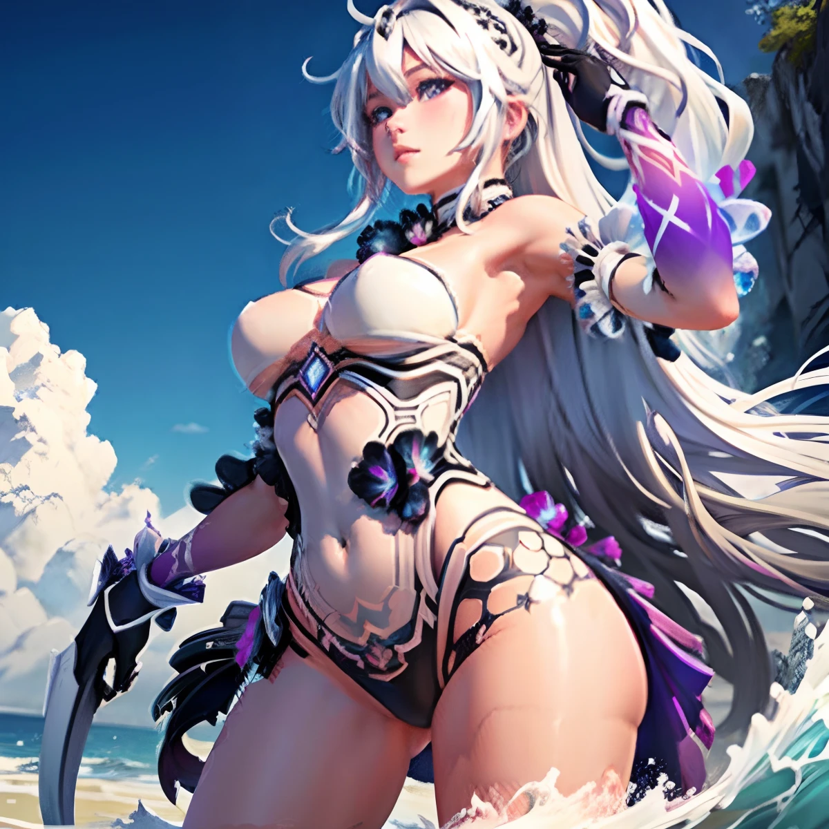 A drawing of Kiana wearing a black bikini and showing her armpit, top quality, detailed shreding, big breast, big ass, white hair, long hair, hairy vagina, full bodys, wet bodys