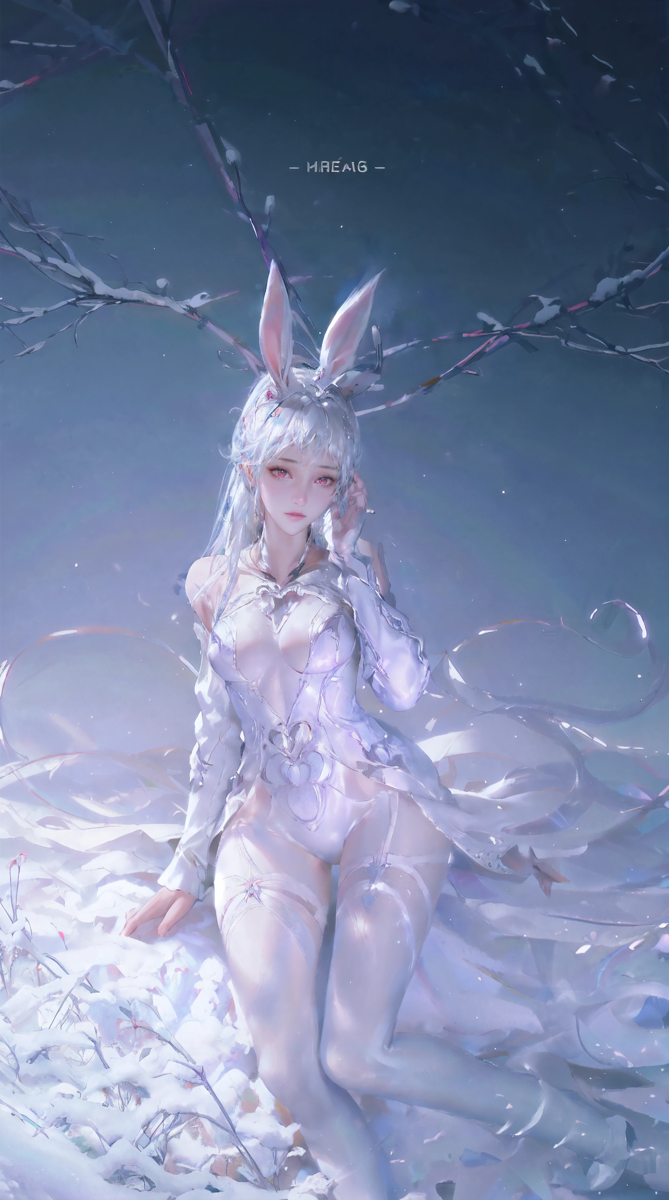 1girl, bunny ears, white hair, skinny waist and legs, long legs, very small breast, fair skin, Full cover sweater, white pantyhose, deadpan, upper body, in snow, forest, photographed by Canan EOS R6, 135mm, 1/1250s, f/2.8, ISO 400