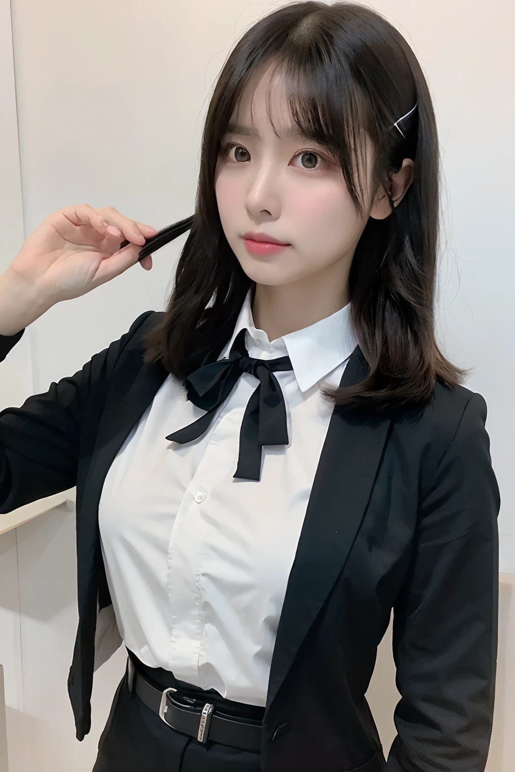 (masutepiece:1.2),High quality,vivd colour,flat-colors,Deep Depth Of Field,Lens Flare,1 girl,Black hair,eyecontact,Suit,Collared shirt,Belt bag,suspenders,Professional,Office Lady,Mature Women,Black Suit,Black jacket,Gaze,ample bosom,Armpit sweat,Exposing the armpits"Pichi Pichi clothes Cutter shirt large full breasts ceiling Along the wall Black jacket