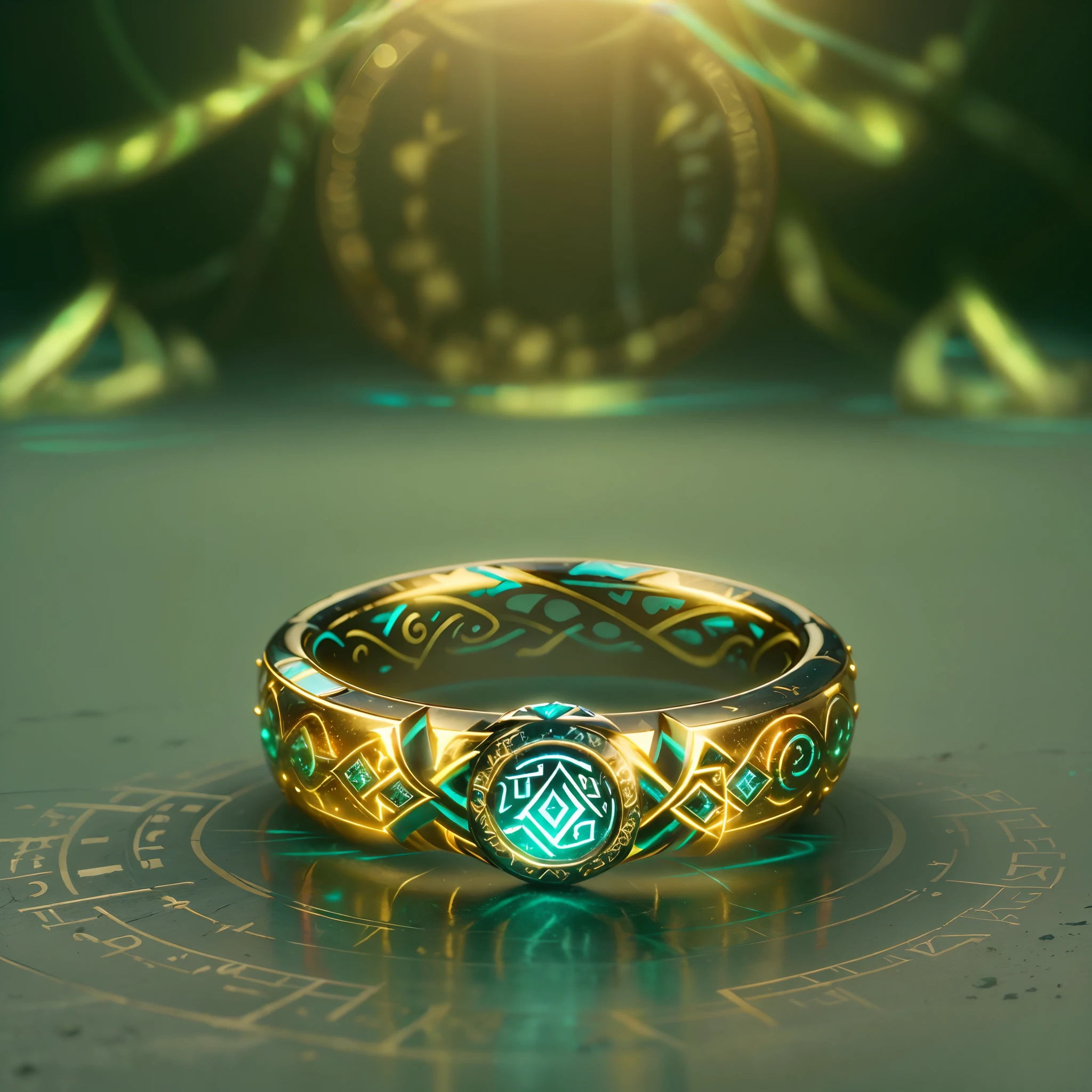 (best quality,4k,highres), front view, glowing rune AI,wedding ring,round golden ring with a fantasy magical vibe,elegant with intricate glowing runic lines,shiny and eye-catching,runic ring with a small, sparkling rainbow-colored diamond on top,together creating a harmonious and enchanting design,unveiling mysteries and wonder through its radiant and delicate presence,vivid colors enhancing its allure,subtle lighting accentuating its beauty.