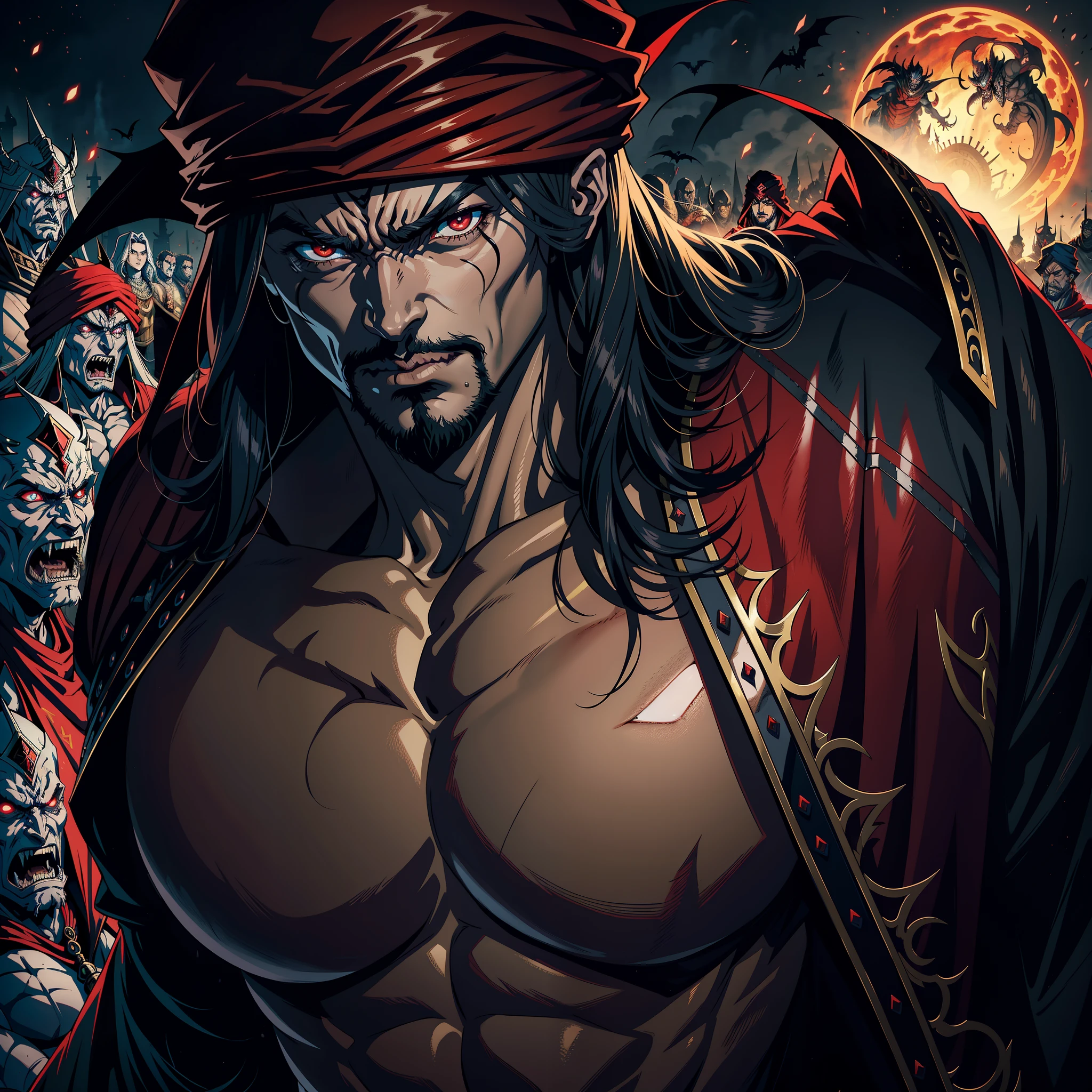 Castlevania Hyper Realistic Shadow Lord Super Detailed Dynamic Shot Master Piece of Lord Dracula Medieval Arab Warrior with Red Turban Scary Face Hokuto No Ken Structure Muscle Face Kenshiro Leading Troops Army of demons to fight Sharp details Cinematic Scenes Epic Movie Legendary Movie Hyper Realistic Portrait Zoom
