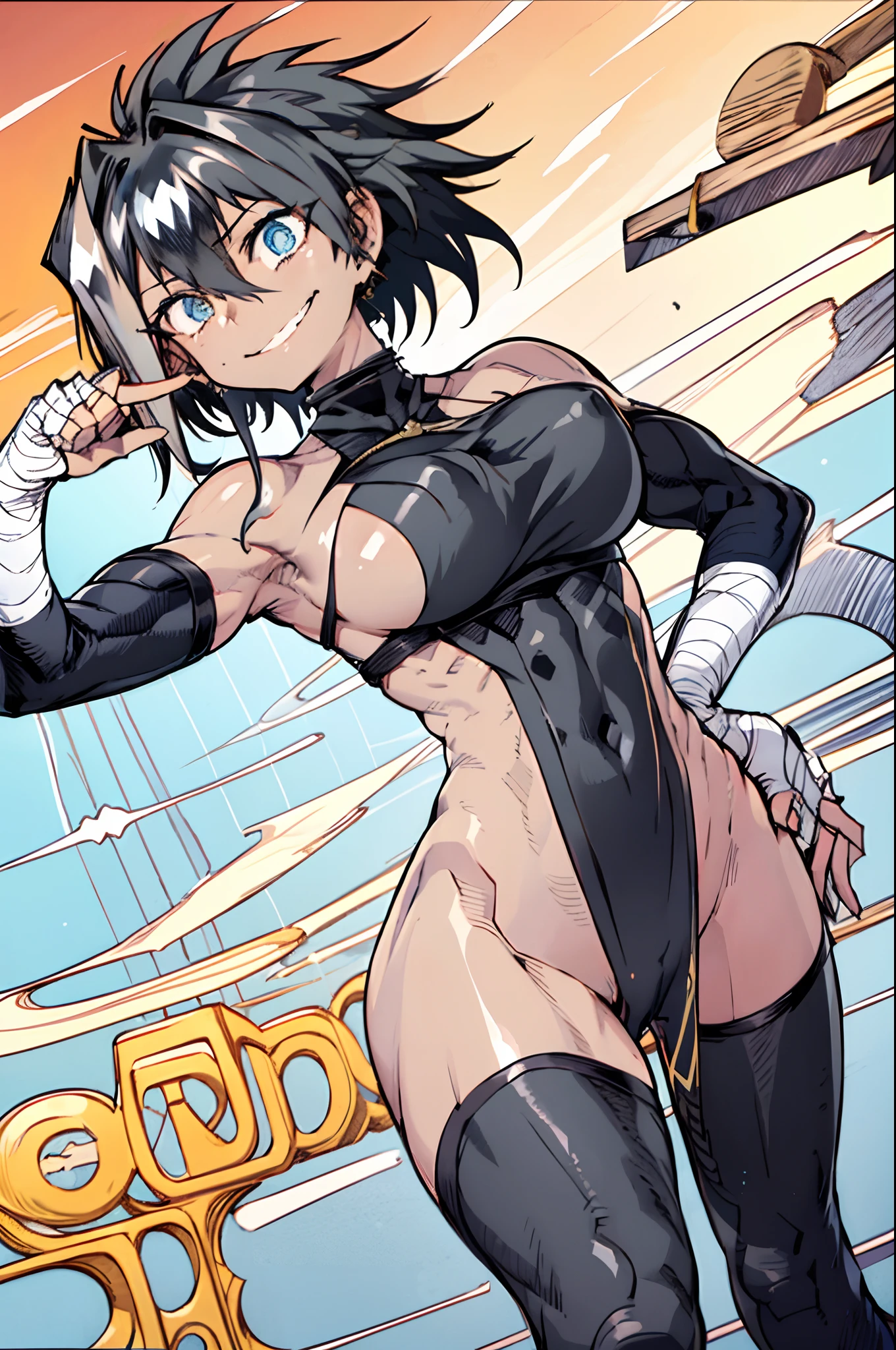 Marle Barrock, foto de corpo inteiro, flat feet, corpo reto, fighting position, 1mulher, sozinha, sorriso louco, ruivo, Cor dos olhos Amarelos, alto detalhe, anime, detalhe todo o corpo, (master part:1.2, best quality:1.2, Beautiful, alta qualidade, alto:1.1), circunstanciado, 4k extremamente detalhado, olhos perfeitos, rosto perfeito, perfect lighting, (1girl, sozinho, adult female, Mature female), Marle Barrock, musculoso, Abs, peito lateral, (pelvis curtain:1.4), cowboy shot, sorriso louco, dentes afiados, seios grandes, (Talbardo, portanto,:1.4), dark skinned female, bandaged arms, pernas enfaixadas, luvas de cotovelo, coxas, Tabard, Spy
