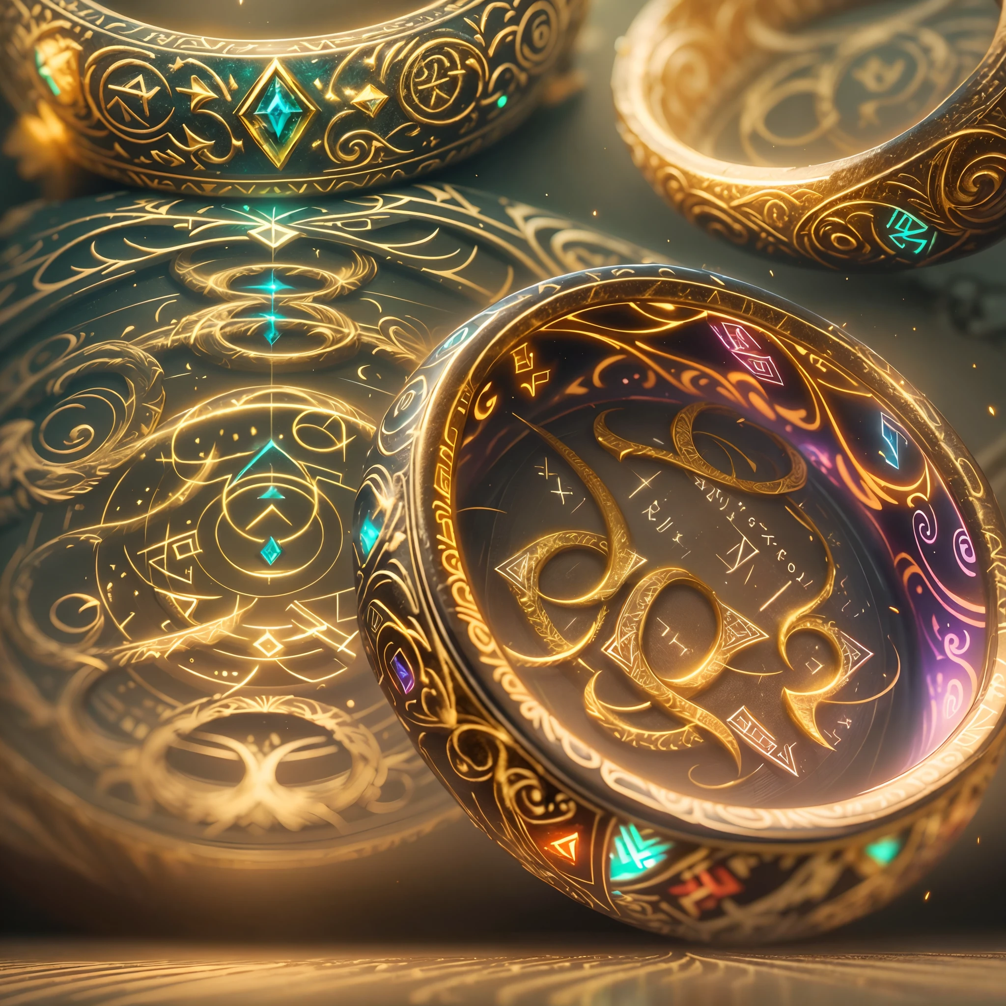 (best quality,4k,highres), front view, glowing rune AI,wedding ring,round golden ring with a fantasy magical vibe,elegant with intricate glowing runic lines,shiny and eye-catching,runic ring with a small, sparkling rainbow-colored diamond on top,together creating a harmonious and enchanting design,unveiling mysteries and wonder through its radiant and delicate presence,vivid colors enhancing its allure,subtle lighting accentuating its beauty.