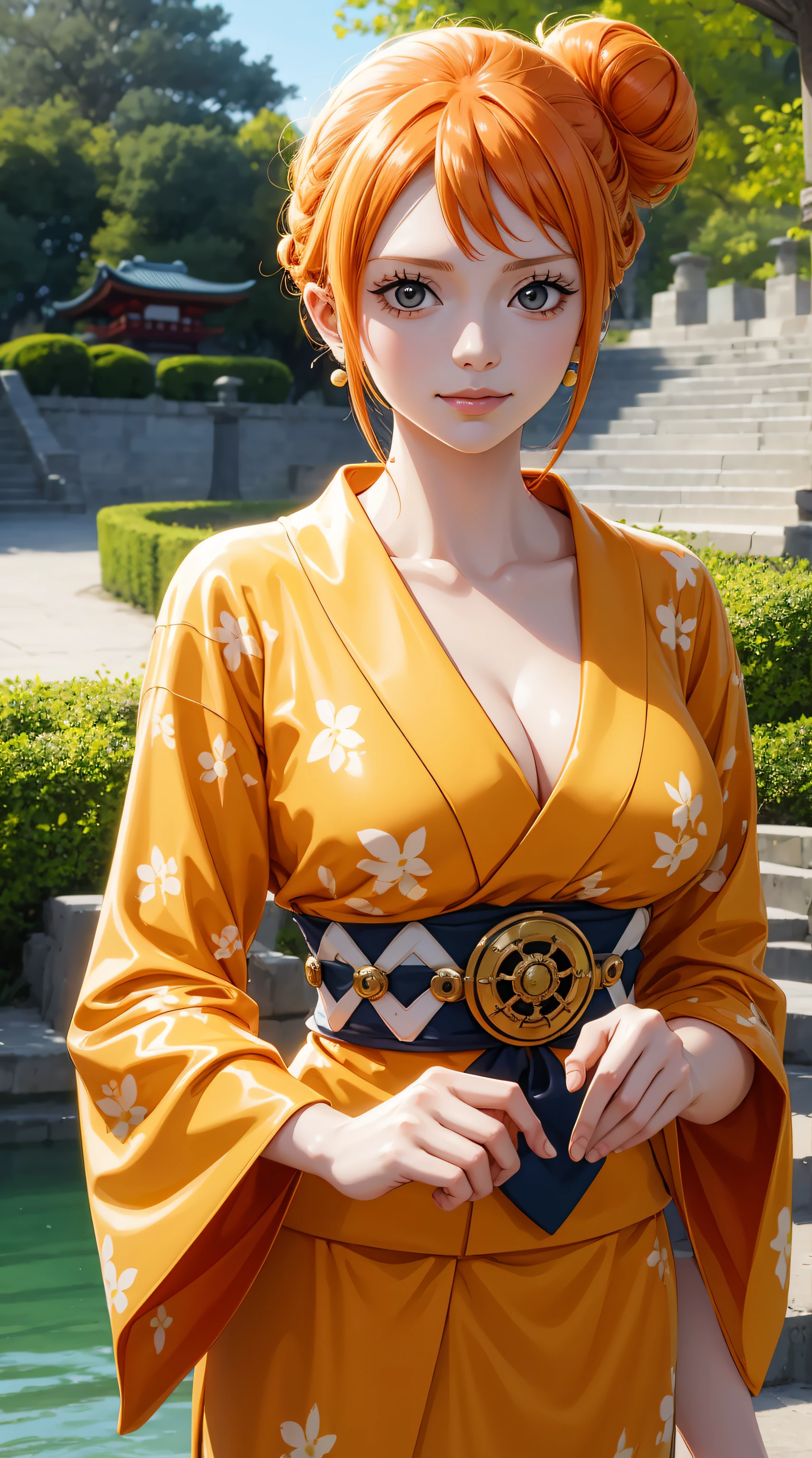 NamiFinal, Nami from the anime One Piece, orange hair, bangs, hair in a bun, beautiful, beautiful woman, perfect body, perfect breasts, wearing a kimono, wearing earrings, wearing a watch, in the park, cherry tree, traditional house japan, looking at viewer, slight smile, realism, masterpiece, textured leather, super detail, high detail, high quality, best quality, 1080p, 16k