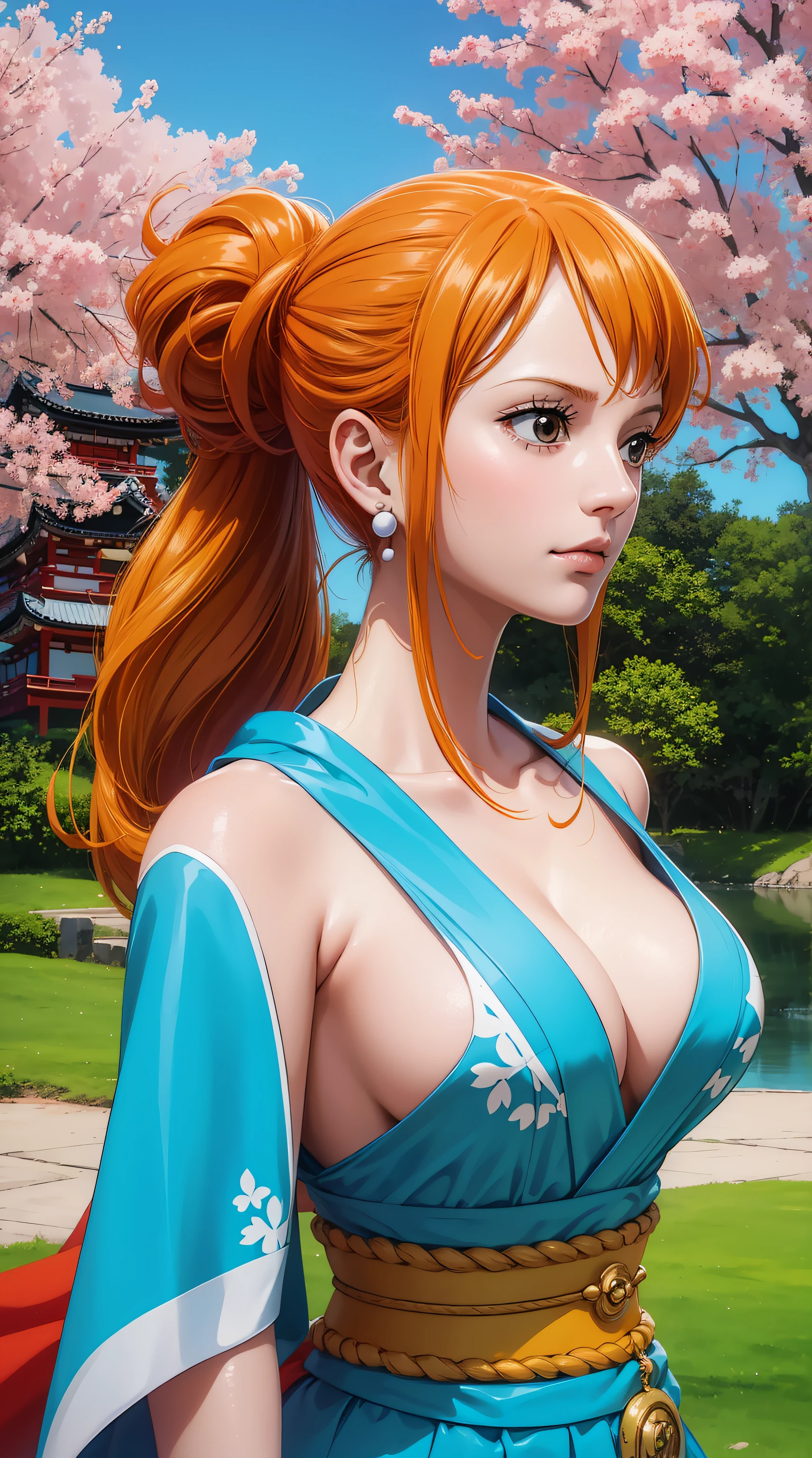 NamiFinal, Nami from the anime One Piece, orange hair, bangs, hair in a bun, beautiful, beautiful woman, perfect body, perfect breasts, wearing a kimono, wearing earrings, wearing a watch, in the park, cherry tree, traditional house japan, looking at viewer, slight smile, realism, masterpiece, textured leather, super detail, high detail, high quality, best quality, 1080p, 16k