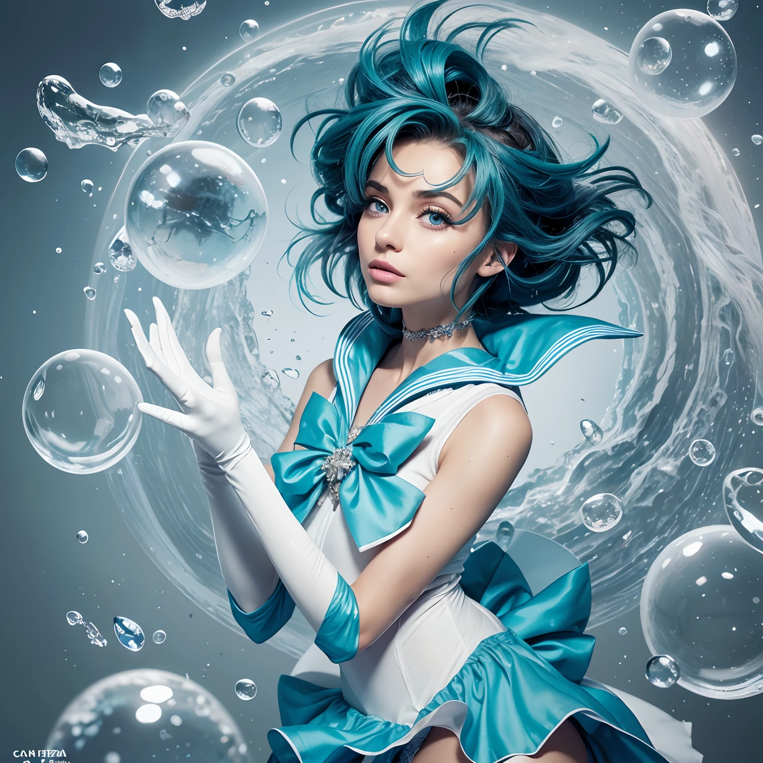 Close-up de uma mulher em um vestido a sailor white and blue dress, Hiperrealista. Realistic art station, cena da garota cercada por bolhas, arte de fantasia detalhada, arte de personagem impressionante, epic exquisite character art, Belo vestido de sailor, extremamente detalhado, , Cocar e Joias, captura de corpo inteiro. Ela tem grandes olhos azul-turquesa, rosto delicado, Cabelos Azuis Claros curtos. messy hair, franjas. She is one of the sailors in the Sailor Moon universe. Linda garota japonesa. Cabelo soprando no ar. Ela tem uma aura brilhante poderosa. Luvas brancas longas.